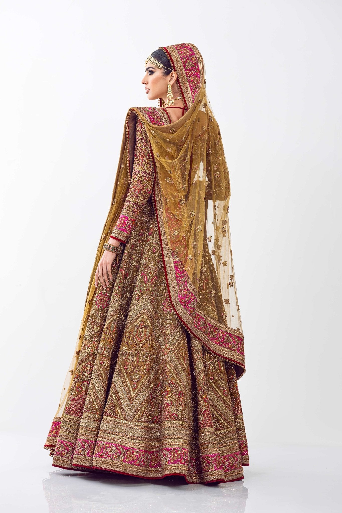 Pakistani Rust Embroidered Net Lehenga Set (3-Piece) - Image 11