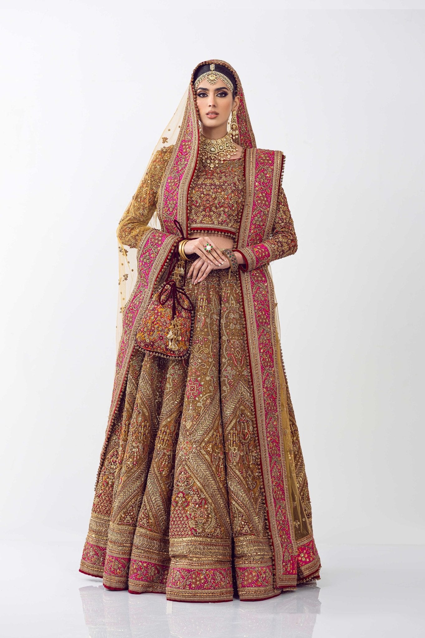 Pakistani Rust Embroidered Net Lehenga Set (3-Piece) - Image 2