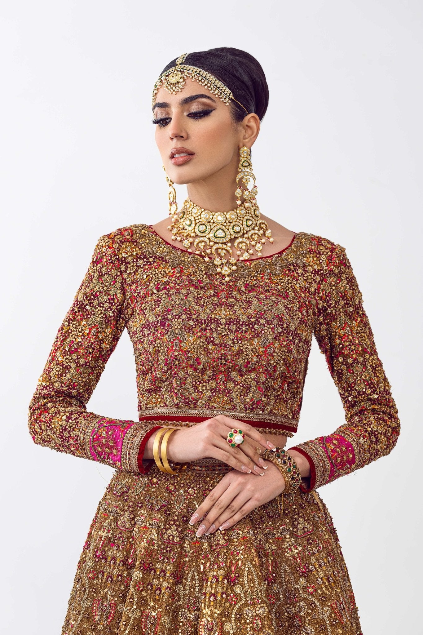 Pakistani Rust Embroidered Net Lehenga Set (3-Piece) - Image 5