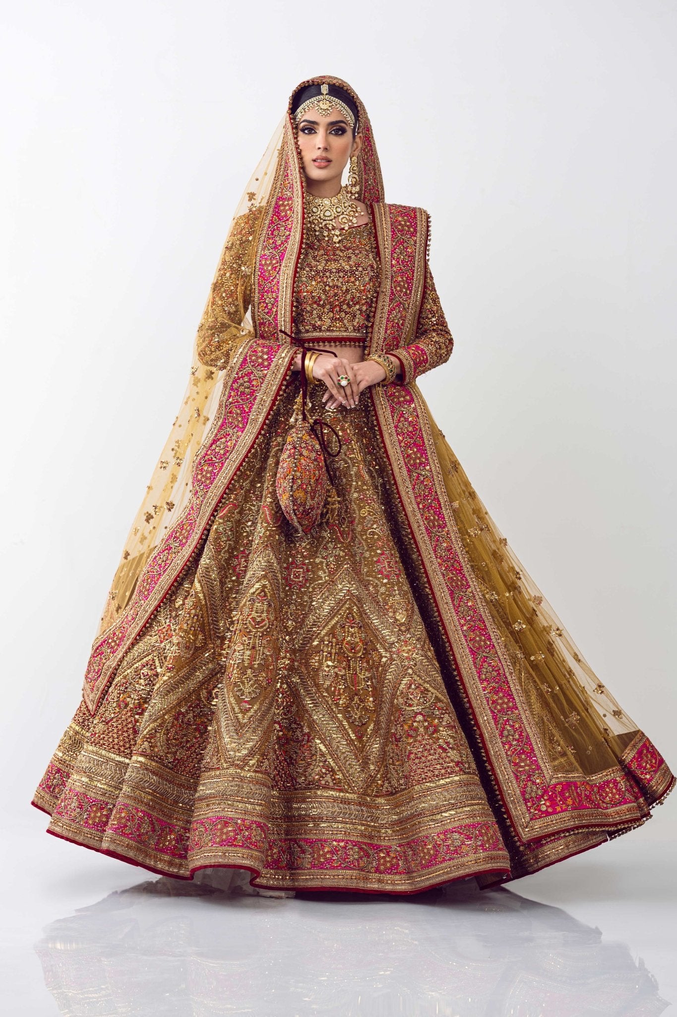 Pakistani Rust Embroidered Net Lehenga Set (3-Piece) - Image 6