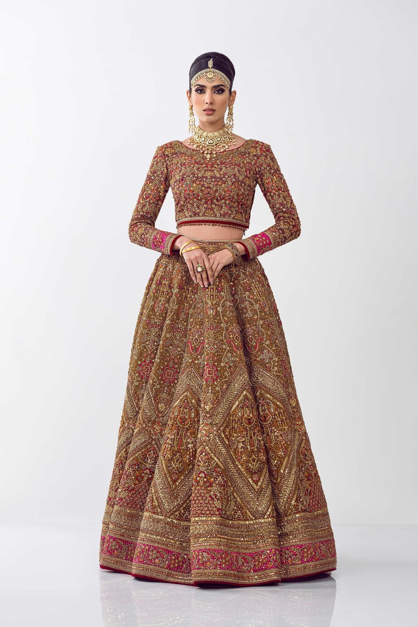 Pakistani Rust Embroidered Net Lehenga Set (3-Piece) - Image 8