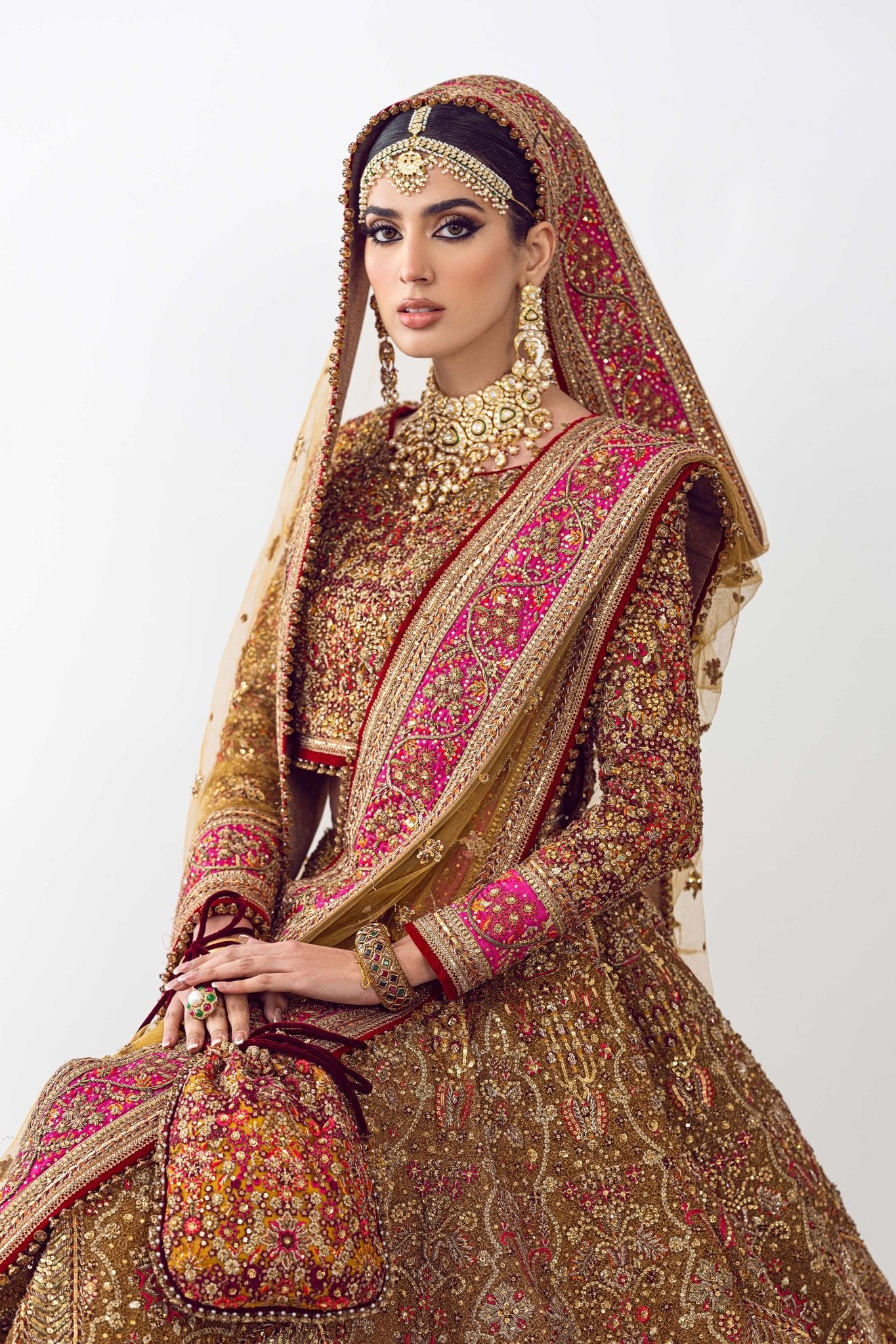 Pakistani Rust Embroidered Net Lehenga Set (3-Piece) - Image 9