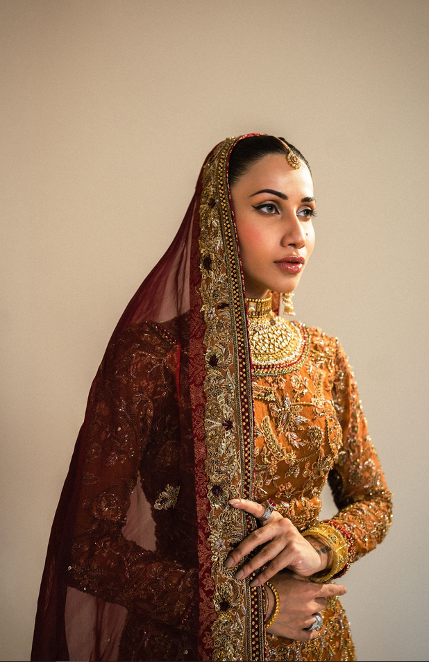 Rust Organza Lehenga Choli with Antique Gold Embroidery (3-Piece) - Image 1