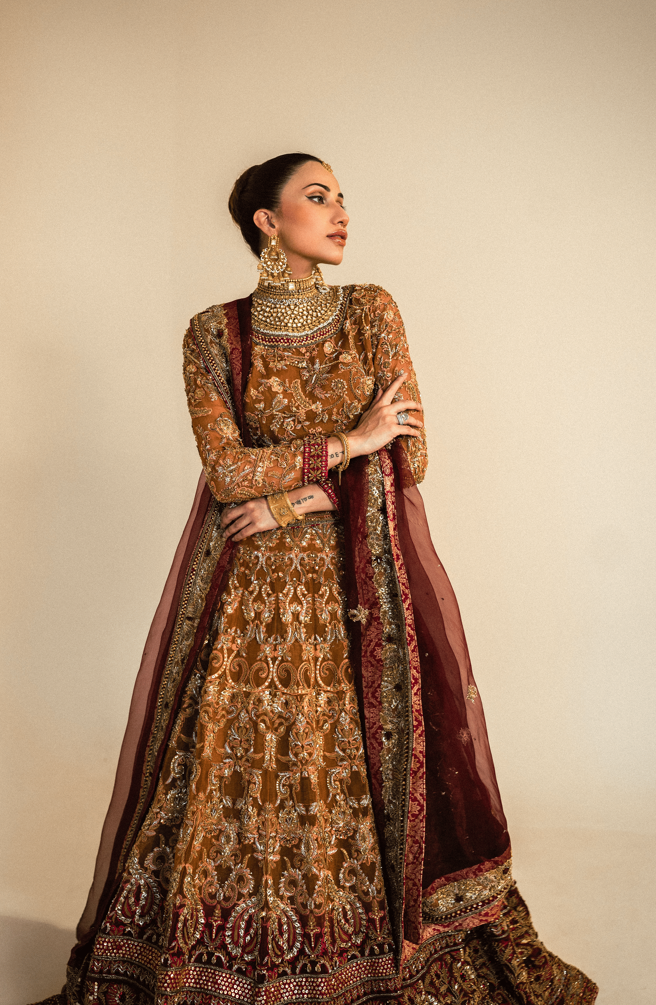 Rust Organza Lehenga Choli with Antique Gold Embroidery (3-Piece) - Image 2