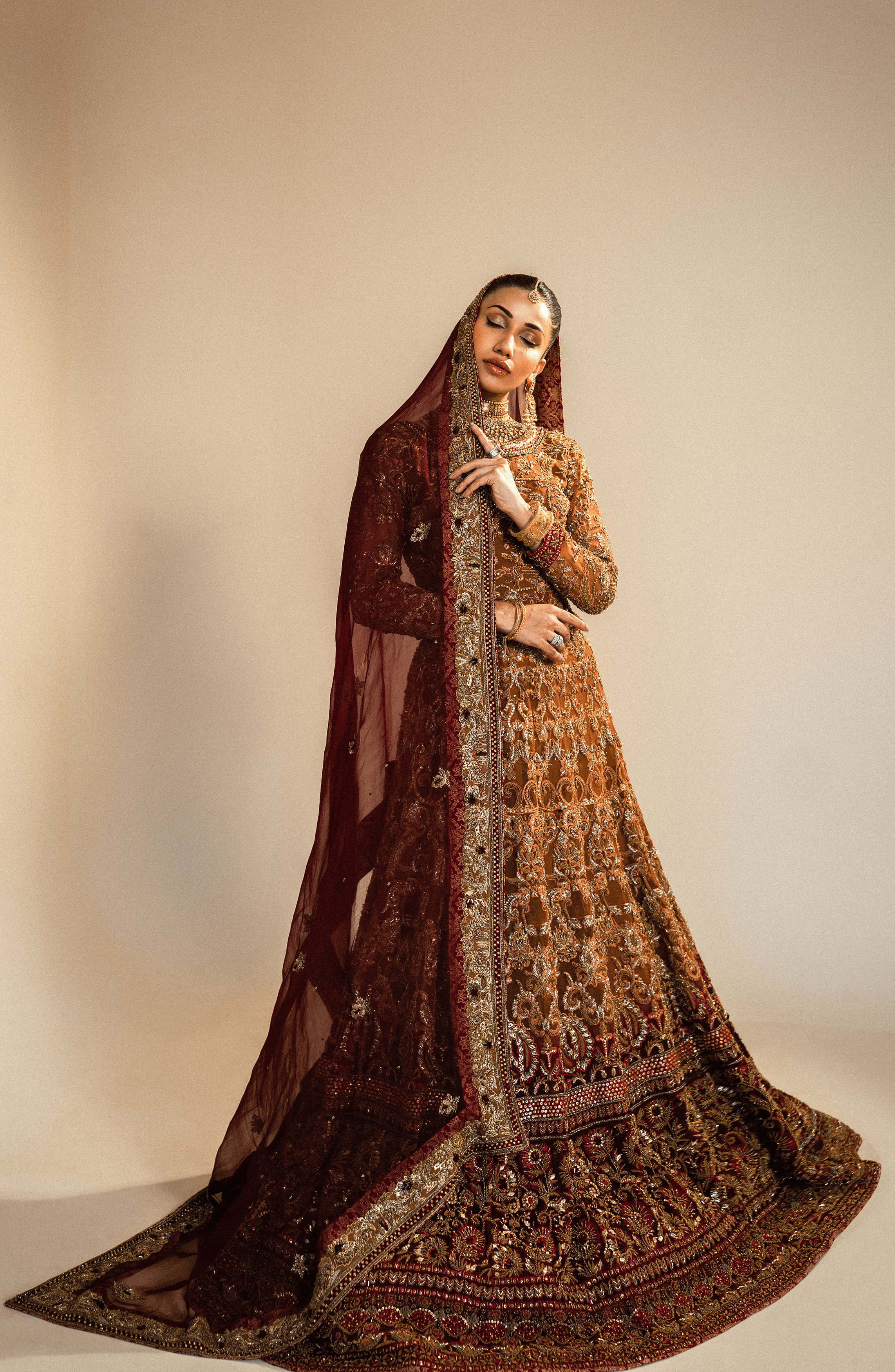 Rust Organza Lehenga Choli with Antique Gold Embroidery (3-Piece) - Image 5