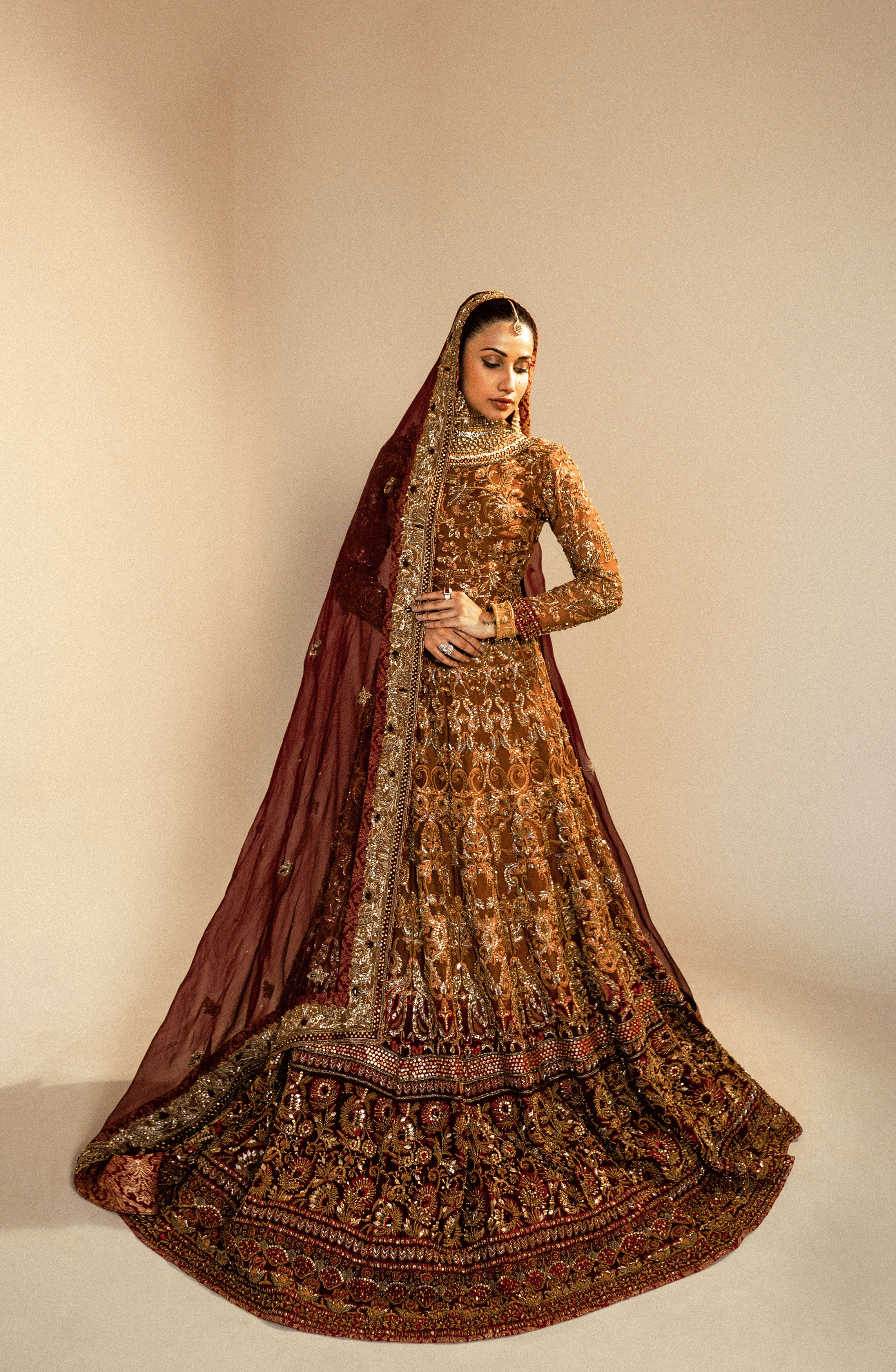 Rust Organza Lehenga Choli with Antique Gold Embroidery (3-Piece) - Image 7