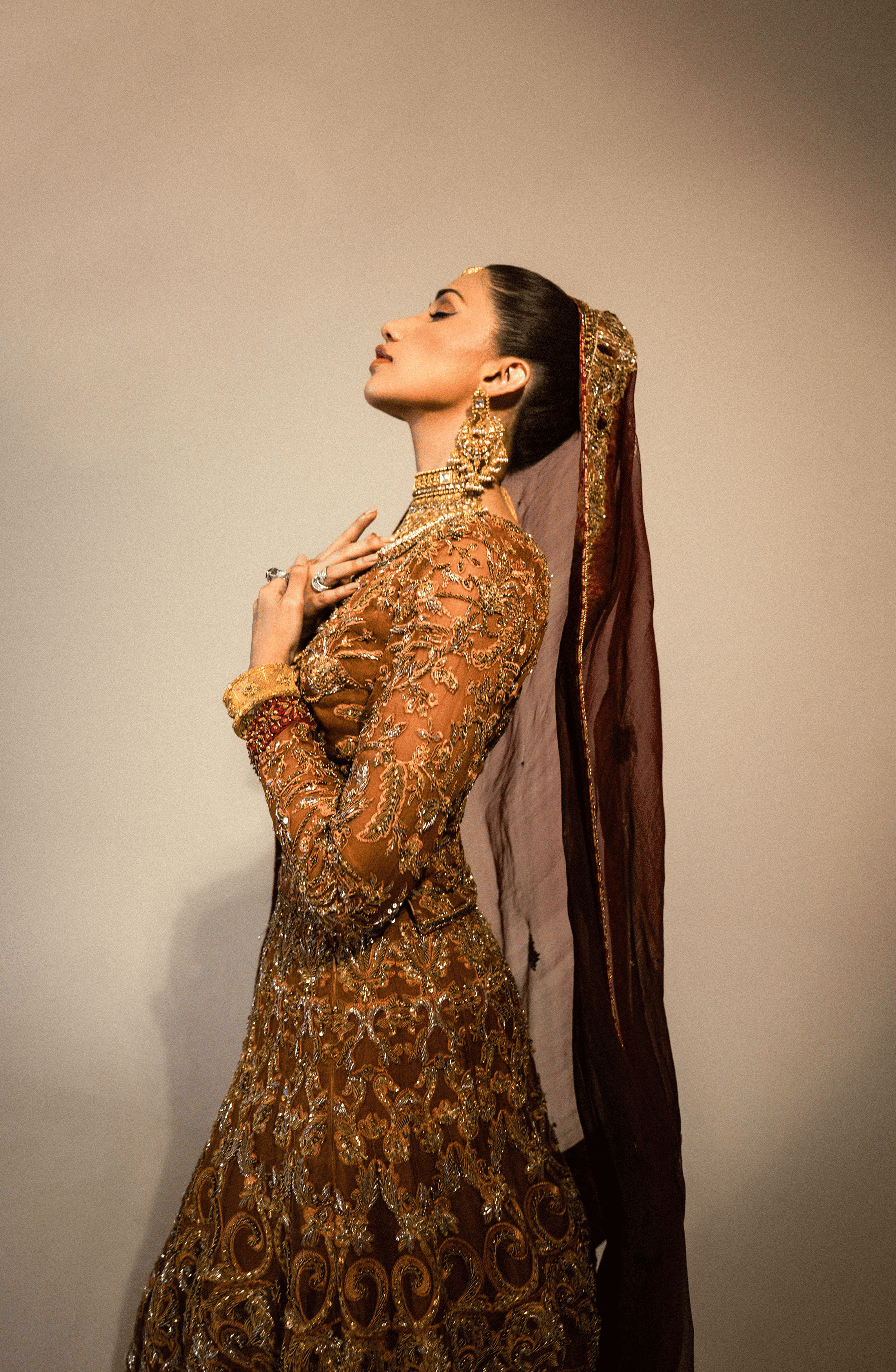 Rust Organza Lehenga Choli with Antique Gold Embroidery (3-Piece) - Image 8