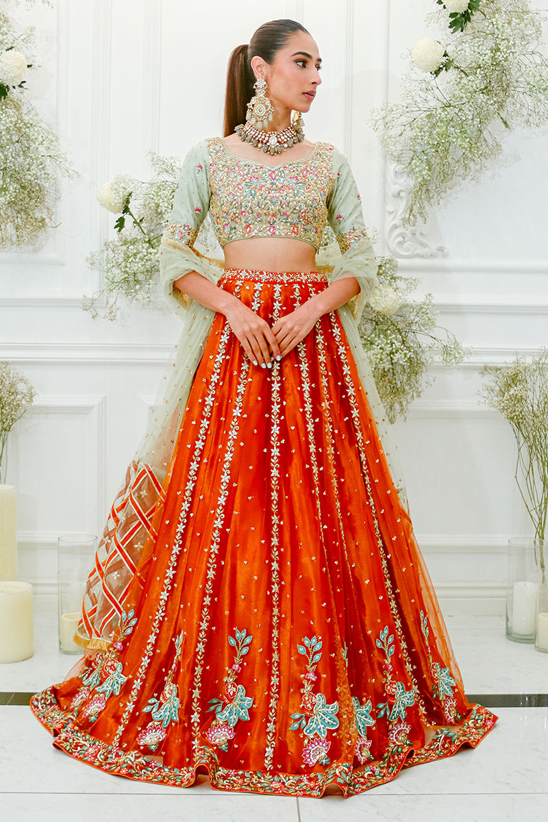 Pakistani Rust and Mint Embroidered Raw Silk Lehenga Choli (3-Piece) - Image 1