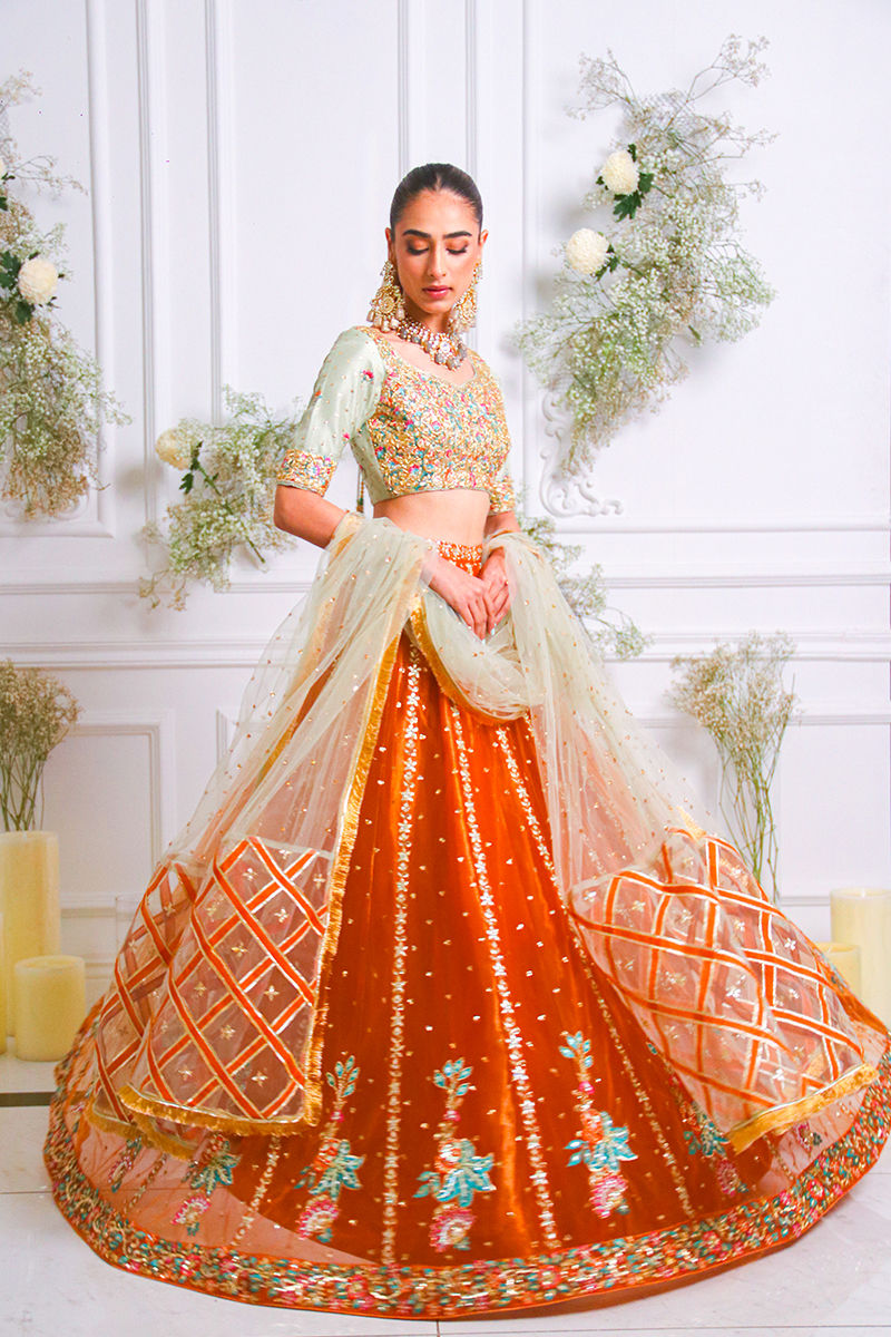 Pakistani Rust and Mint Embroidered Raw Silk Lehenga Choli (3-Piece) - Image 2