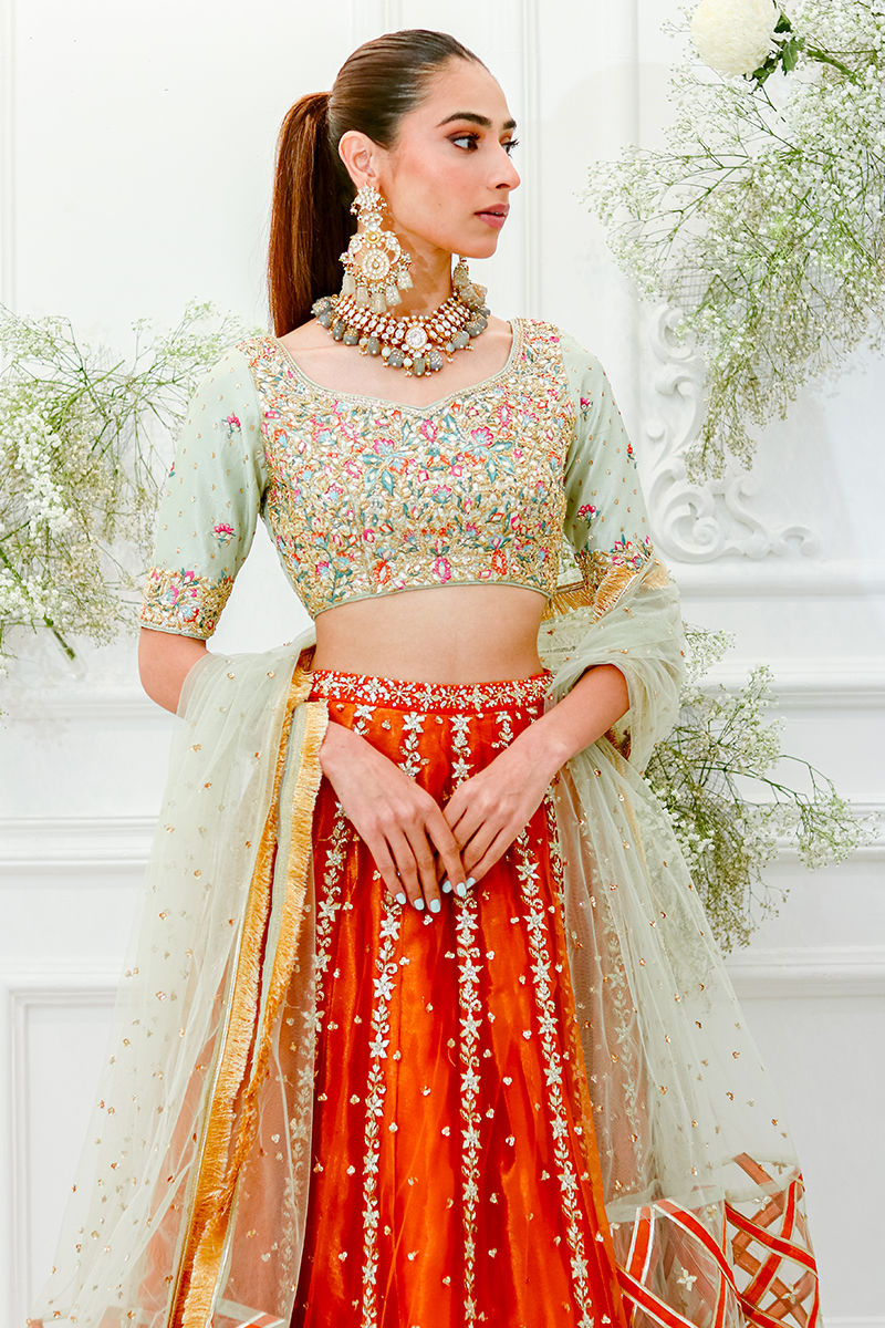 Pakistani Rust and Mint Embroidered Raw Silk Lehenga Choli (3-Piece) - Image 3