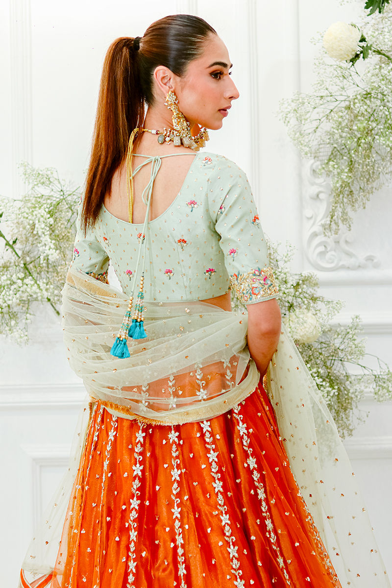 Pakistani Rust and Mint Embroidered Raw Silk Lehenga Choli (3-Piece) - Image 4