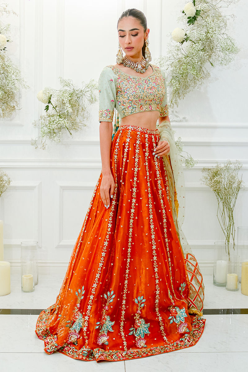 Pakistani Rust and Mint Embroidered Raw Silk Lehenga Choli (3-Piece) - Image 5