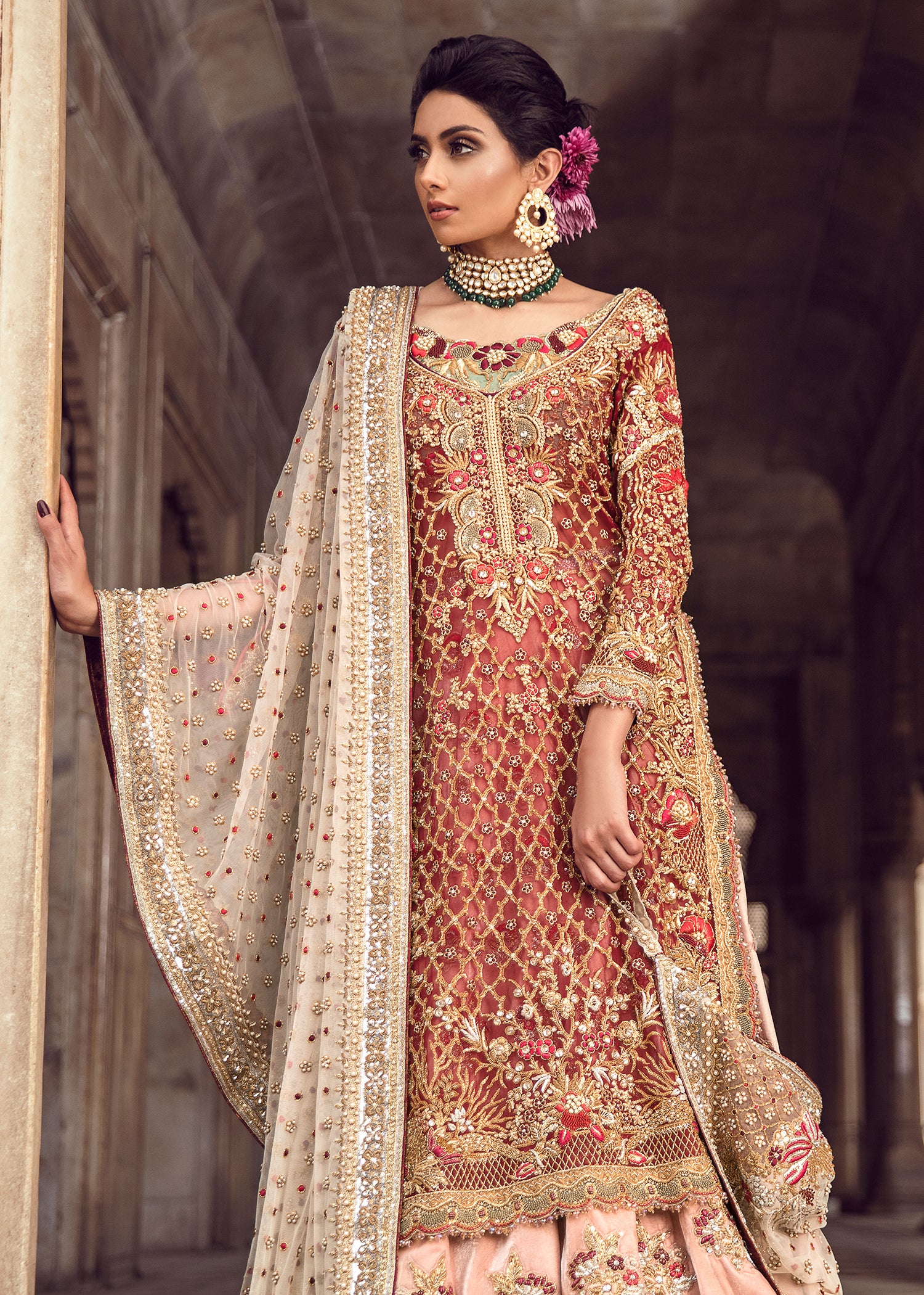 Rust and Blush Embroidered Silk Bridal Lehenga (3-Piece) - Image 2