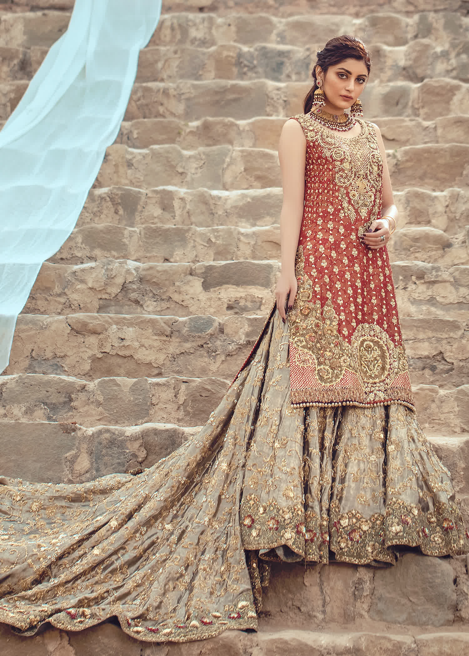 Pakistani Rust Gold Embellished Silk-Blend Bridal Lehenga (3-Piece) - Image 1