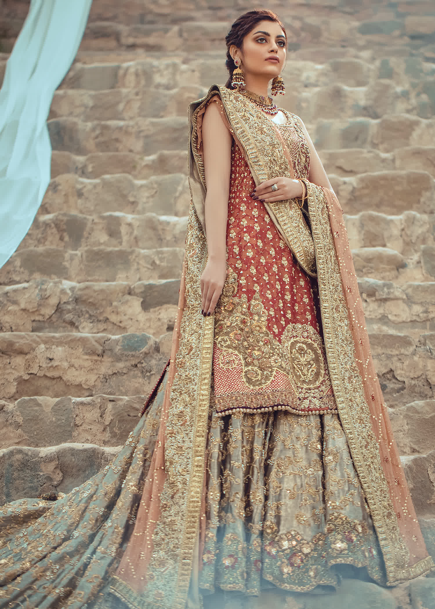 Pakistani Rust Gold Embellished Silk-Blend Bridal Lehenga (3-Piece) - Image 2