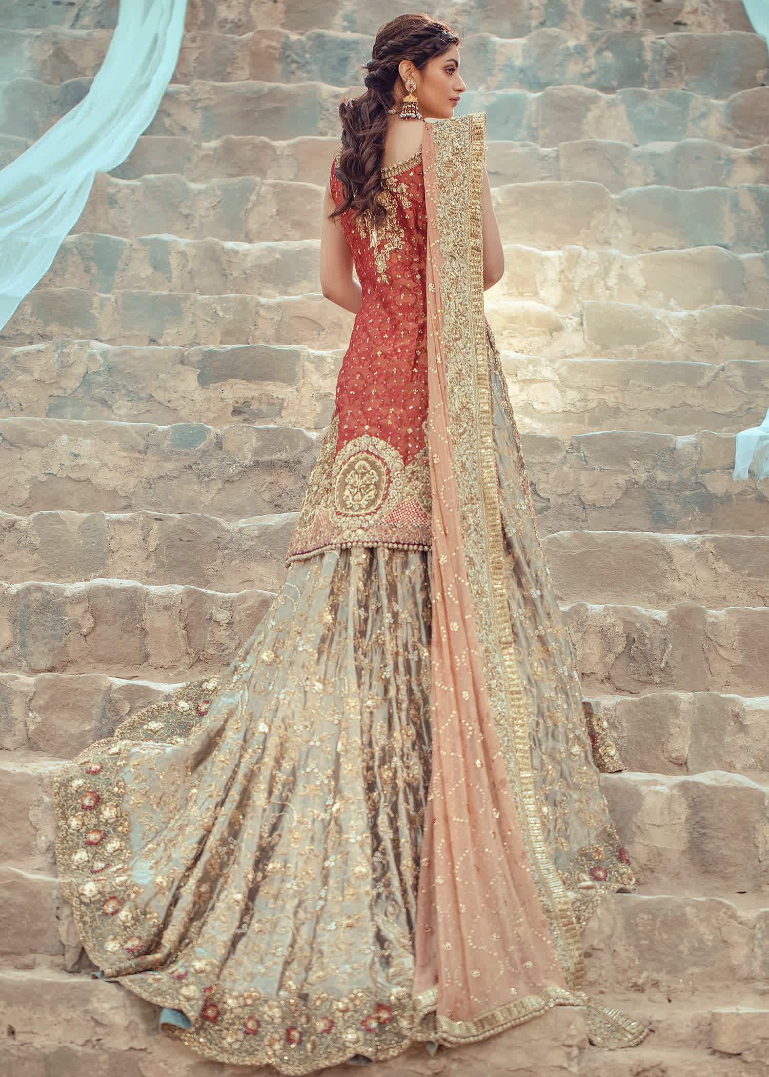 Pakistani Rust Gold Embellished Silk-Blend Bridal Lehenga (3-Piece) - Image 3