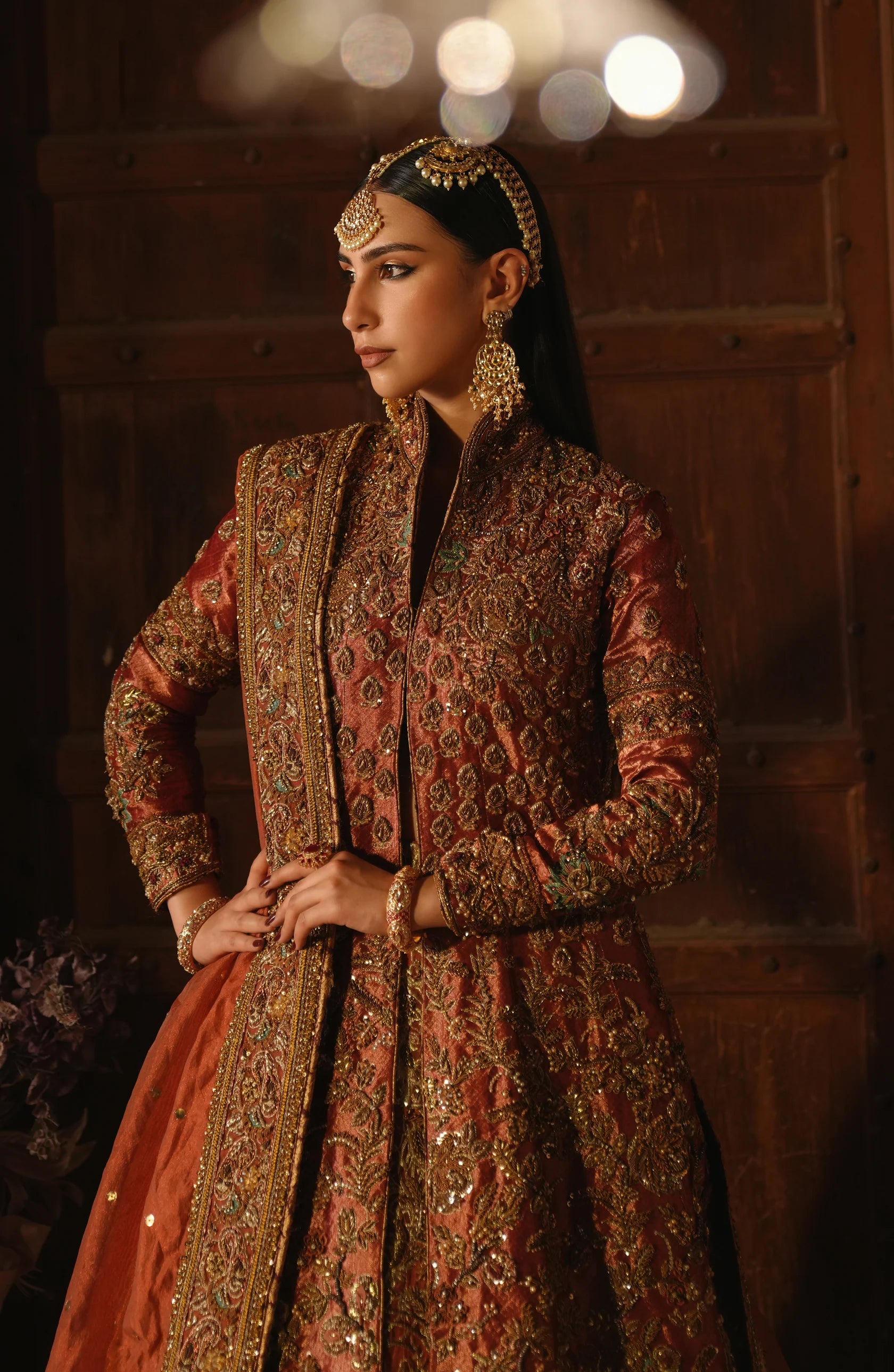 Pakistani Copper-Rust Embroidered Tissue Bridal Jacket Lehenga (3-Piece) - Image 1