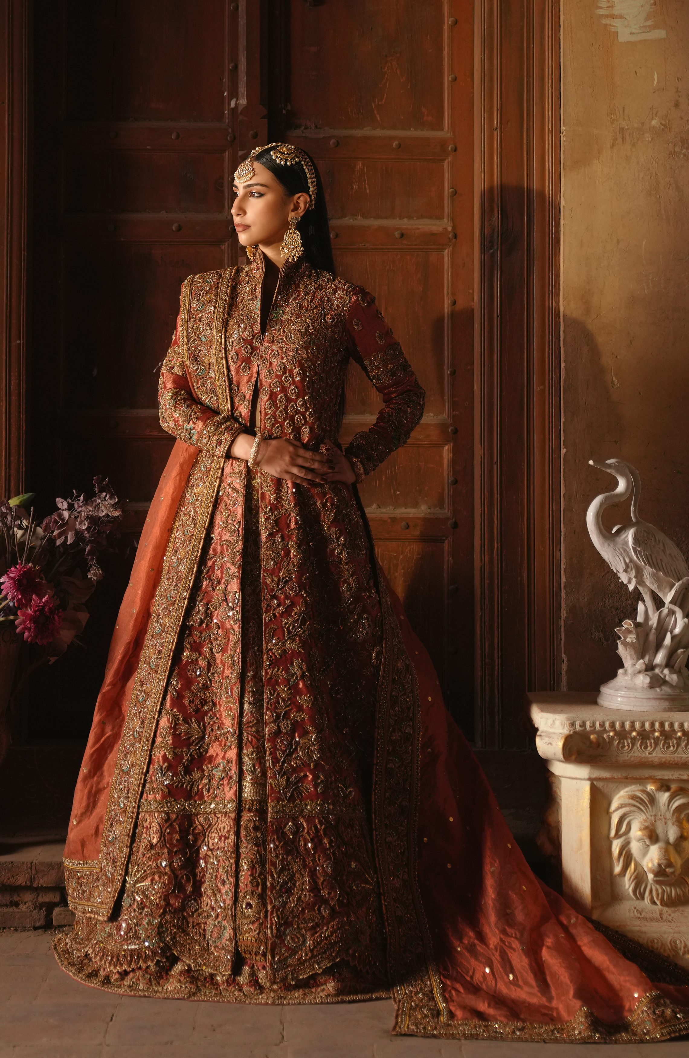 Pakistani Copper-Rust Embroidered Tissue Bridal Jacket Lehenga (3-Piece) - Image 3