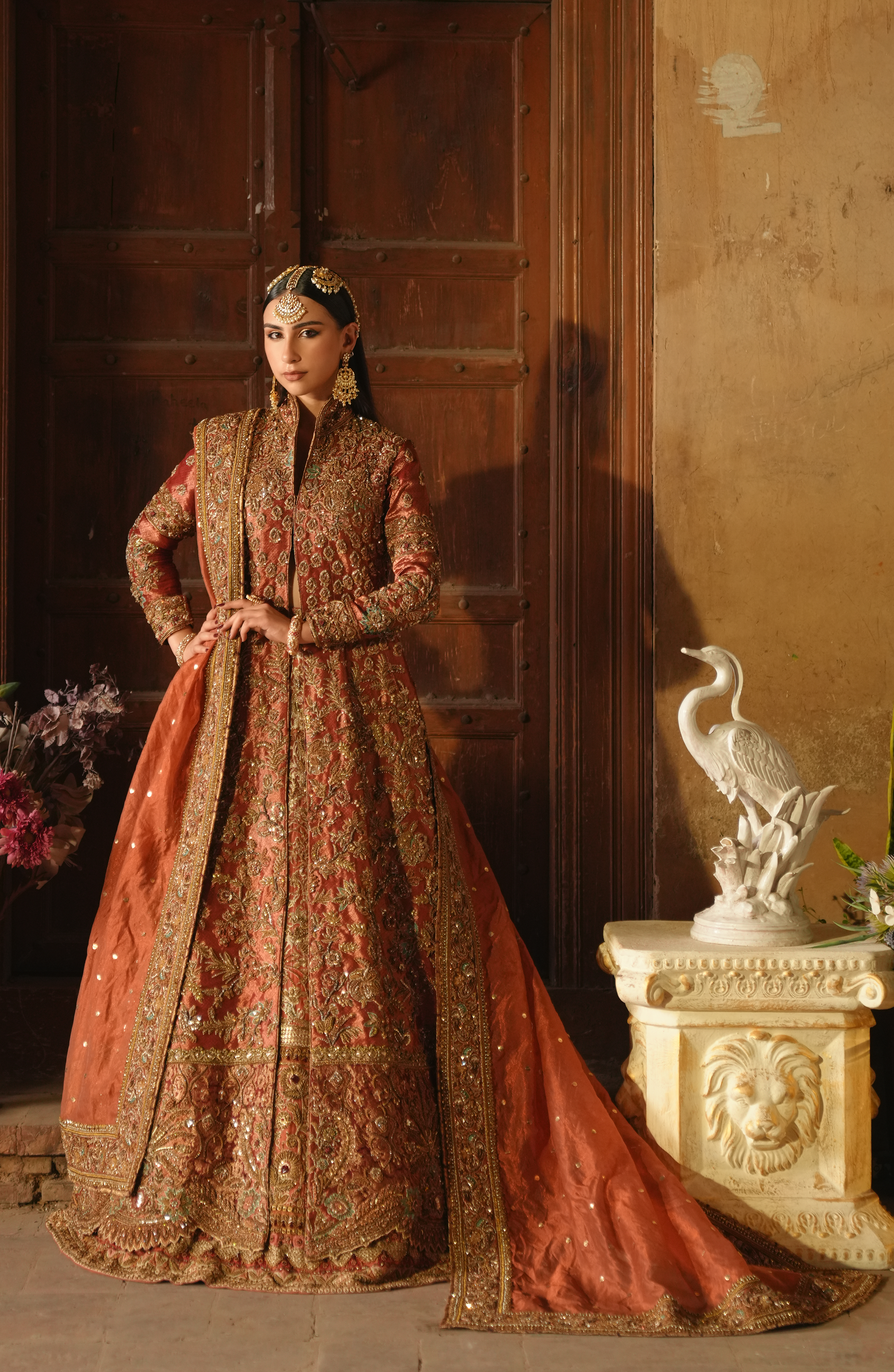 Pakistani Copper-Rust Embroidered Tissue Bridal Jacket Lehenga (3-Piece) - Image 4