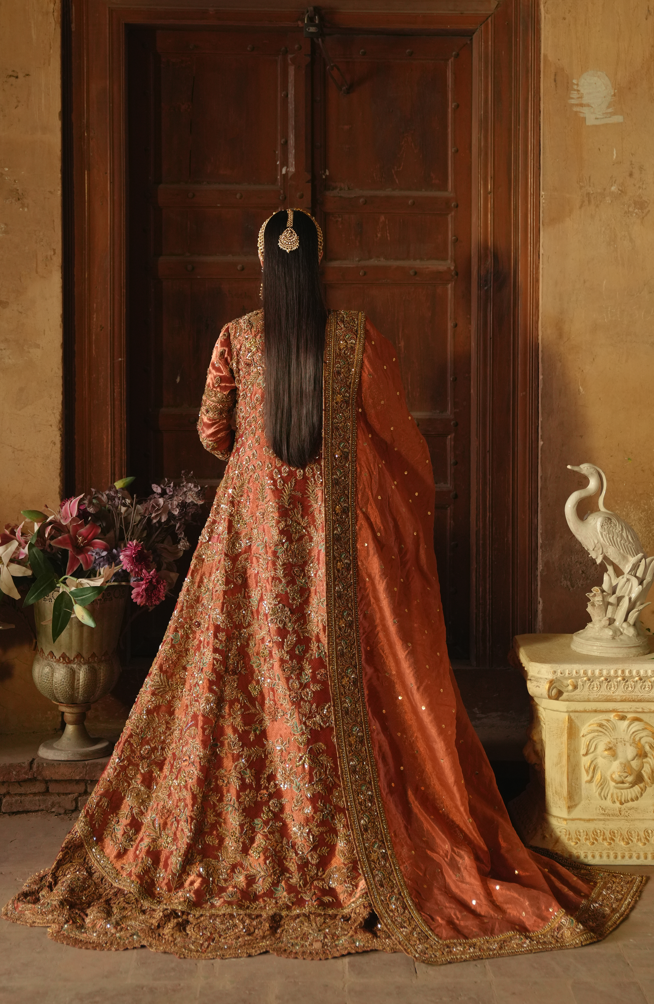 Pakistani Copper-Rust Embroidered Tissue Bridal Jacket Lehenga (3-Piece) - Image 7