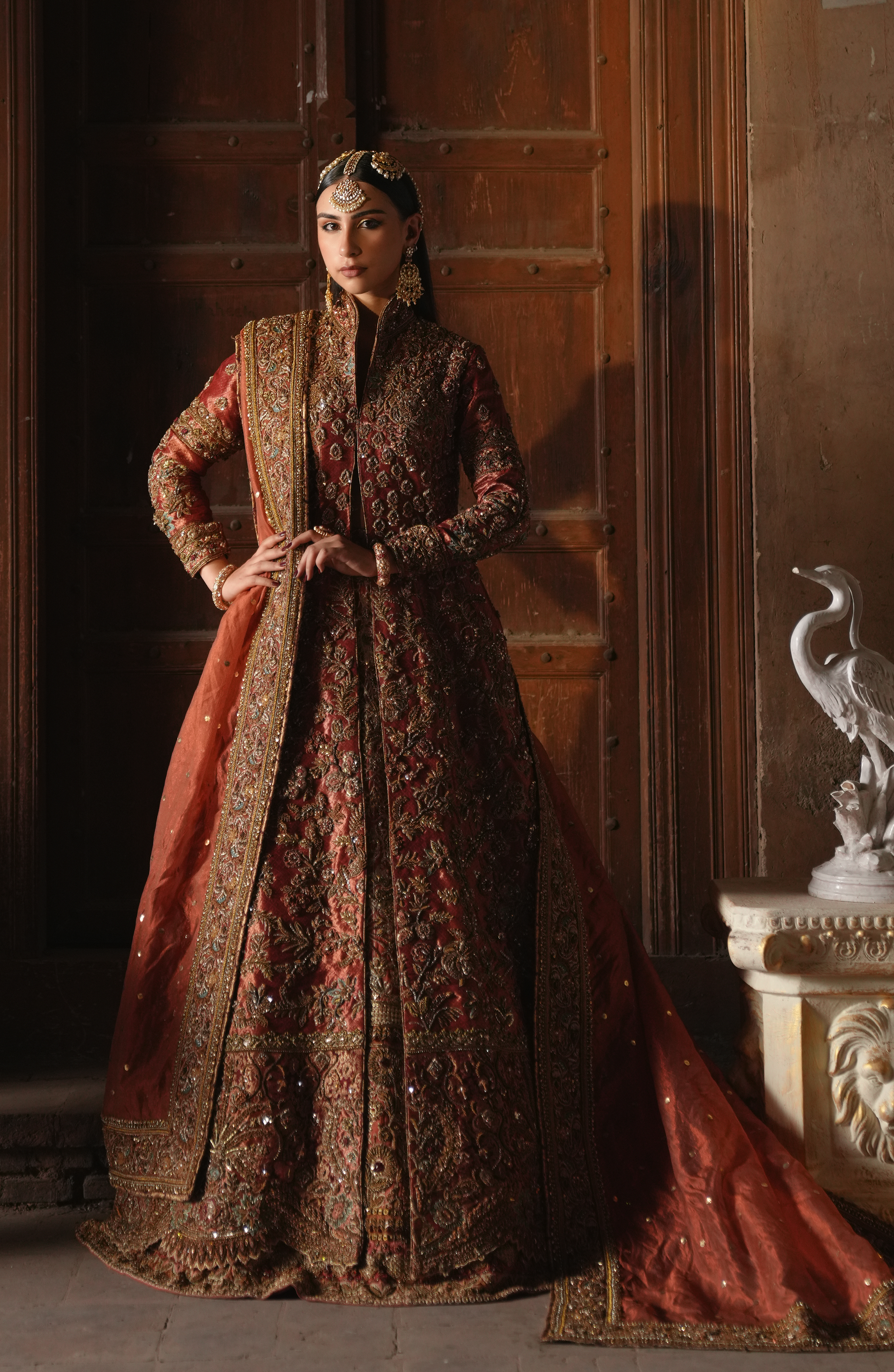 Copper-Rust Embellished Tissue Bridal Jacket Lehenga (3-Piece) - Image 2