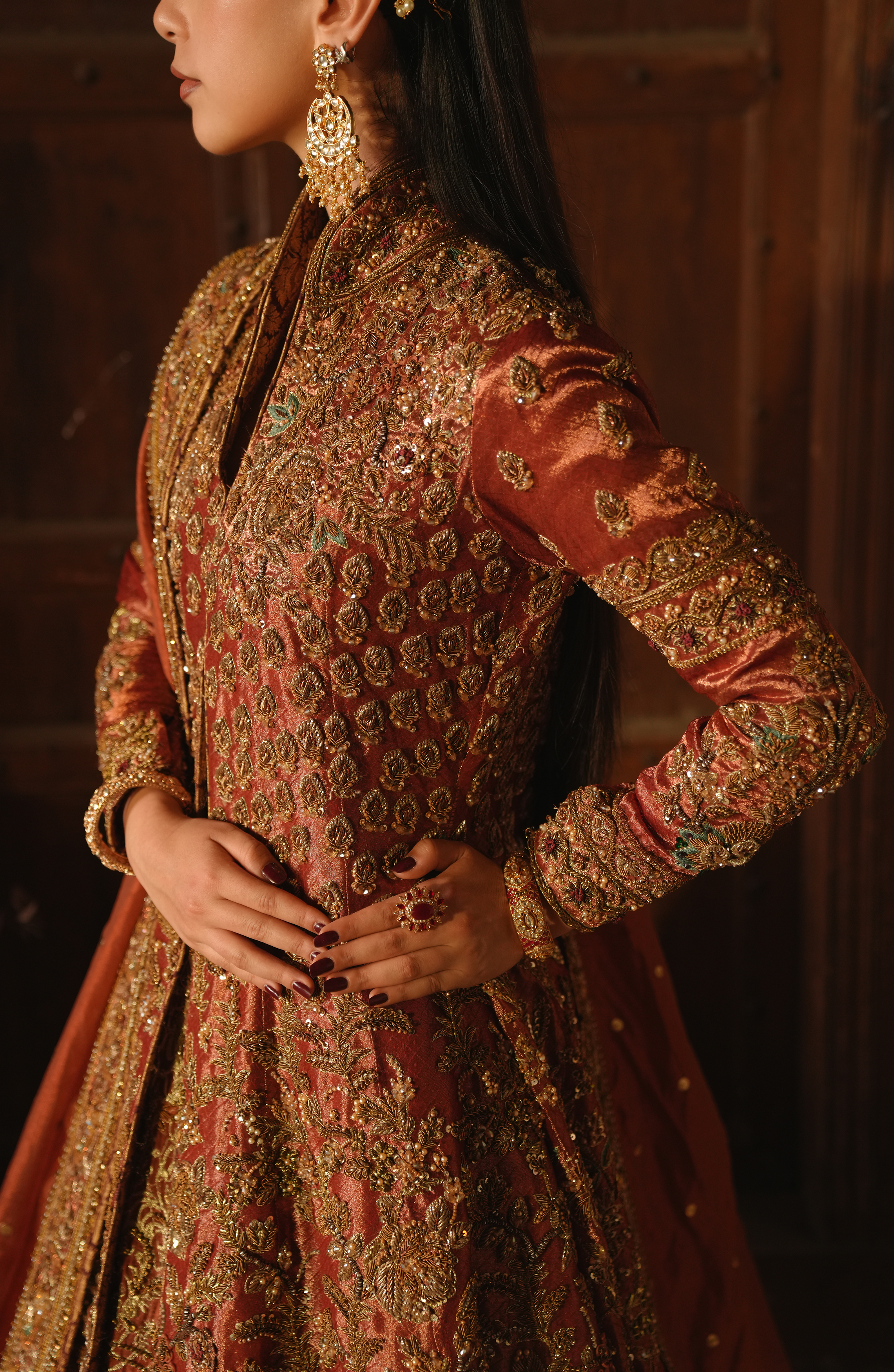 Copper-Rust Embellished Tissue Bridal Jacket Lehenga (3-Piece) - Image 6
