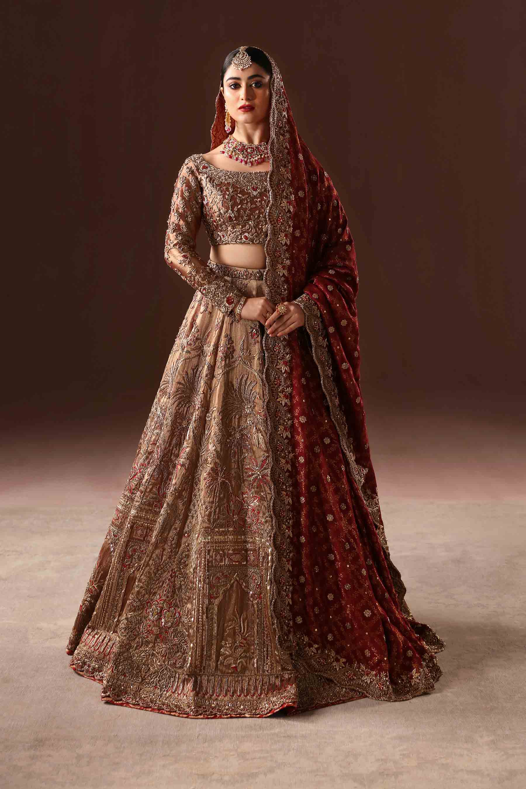 Rust & Gold Zardozi Zari Net Lehnga Choli (3-Piece) - Image 1