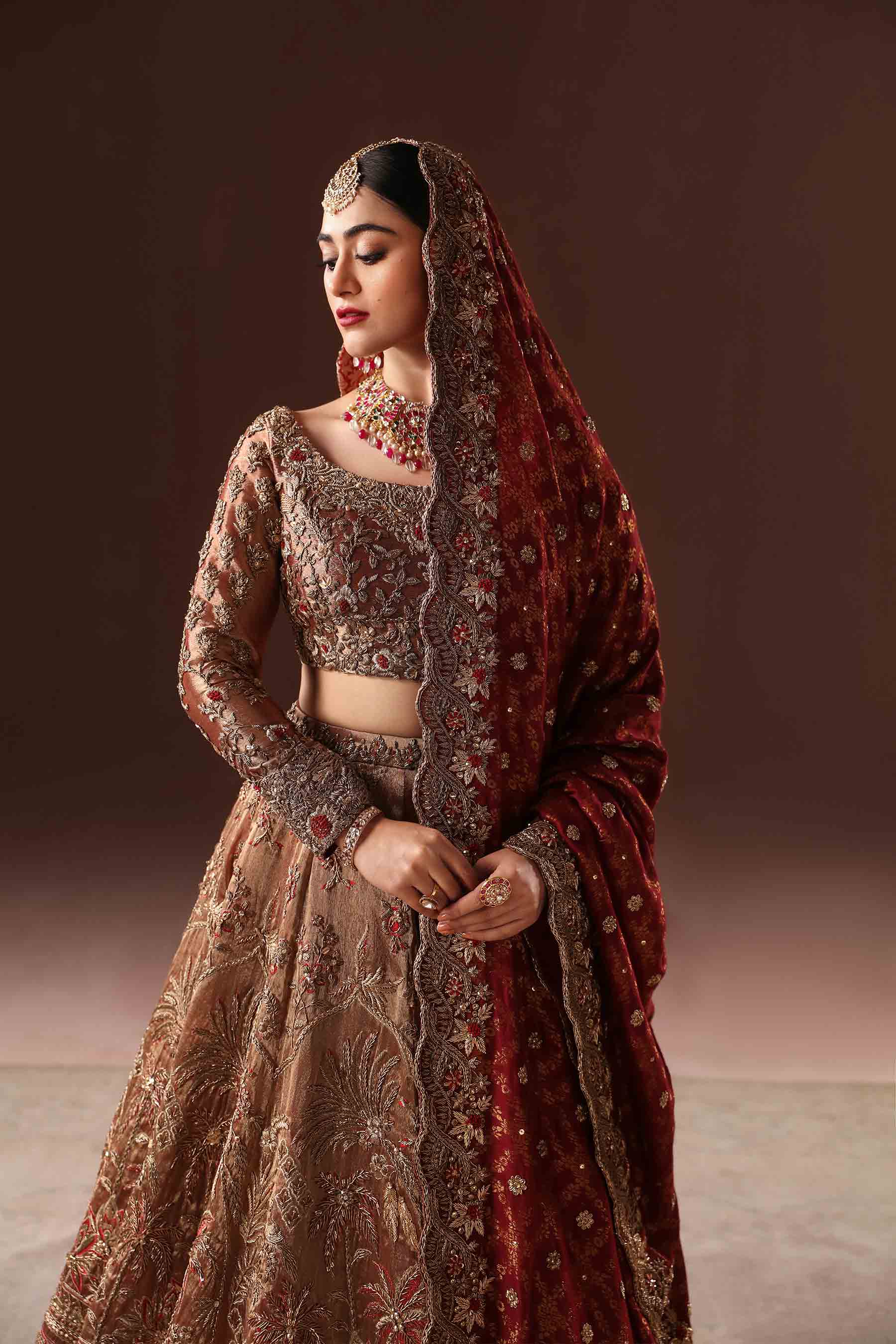 Rust & Gold Zardozi Zari Net Lehnga Choli (3-Piece) - Image 4