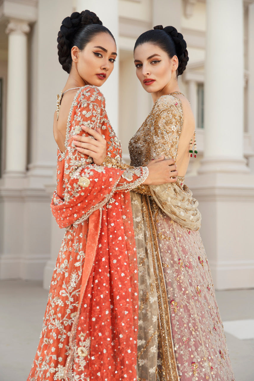 Pakistani Rust Zardozi Cotton Net Pishwas (3-Piece) - Image 2