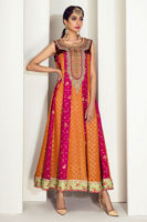 Pakistani Rust and Fuchsia Embroidered Chiffon Jamawar Pishwas (3-Piece) - Image 2