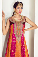 Pakistani Rust and Fuchsia Embroidered Chiffon Jamawar Pishwas (3-Piece) - Image 3