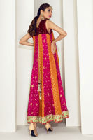 Pakistani Rust and Fuchsia Embroidered Chiffon Jamawar Pishwas (3-Piece) - Image 4