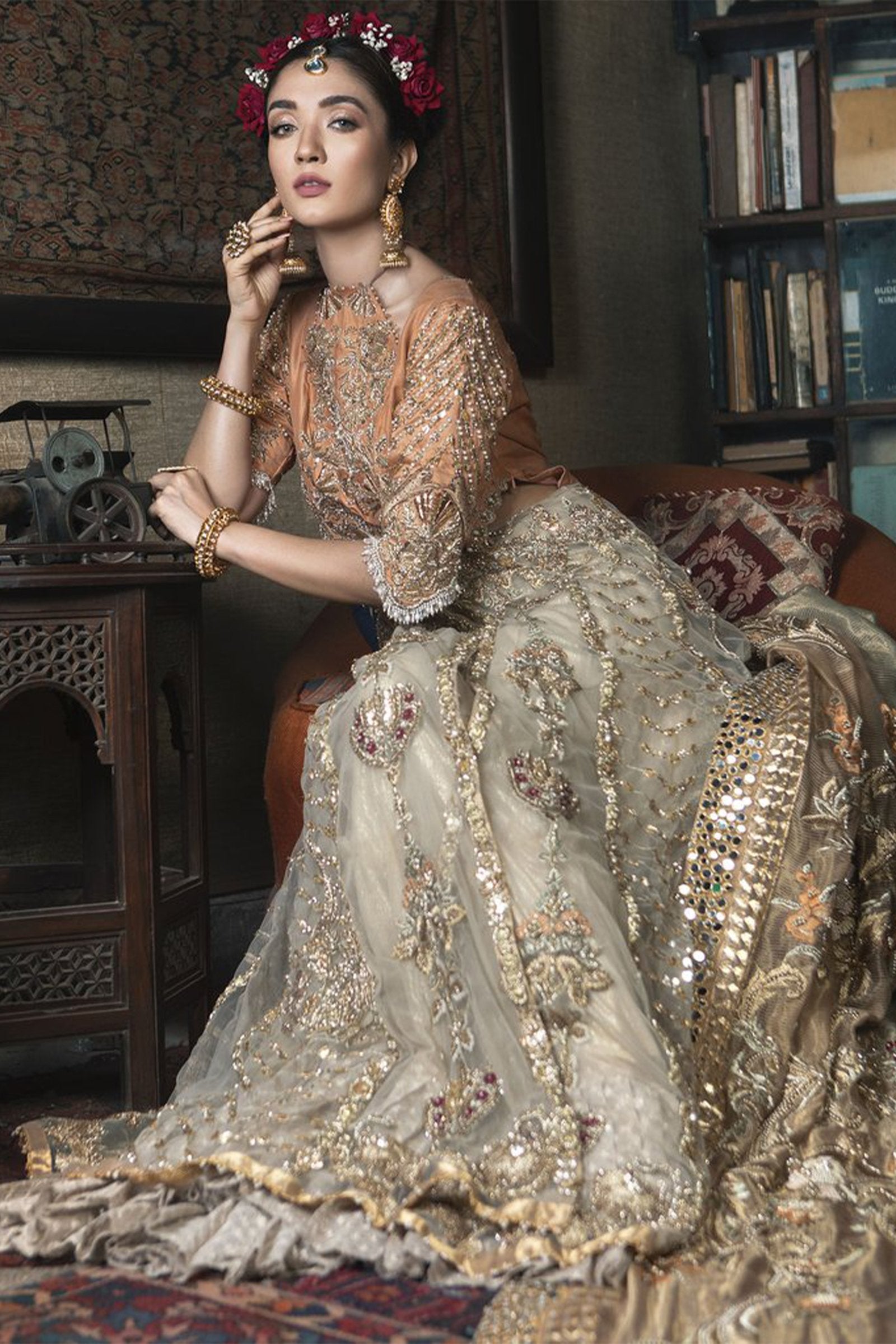 Rust and Off-White Embellished Net Pishwas (2-Piece) - Image 2