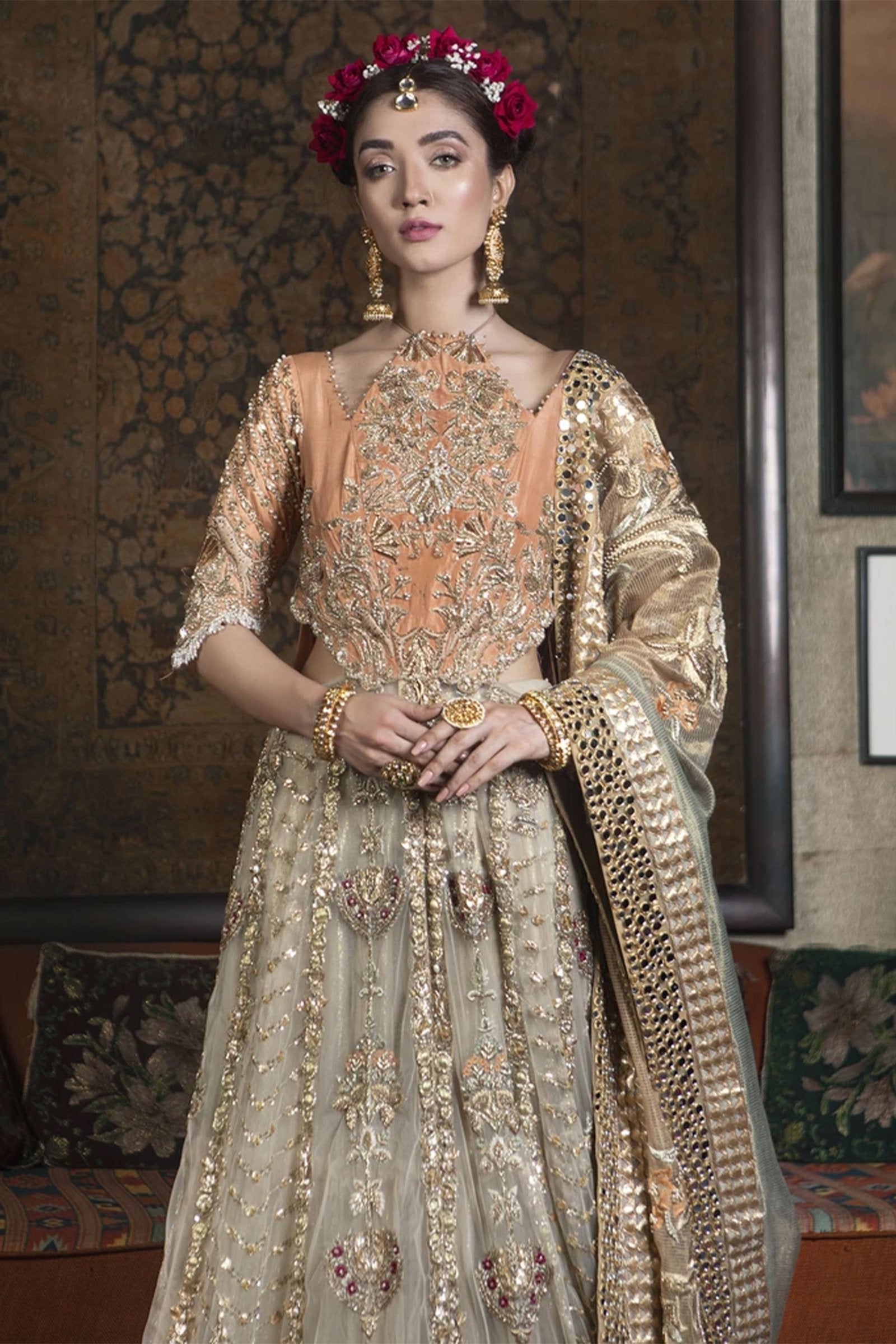 Rust and Off-White Embellished Net Pishwas (2-Piece) - Image 3