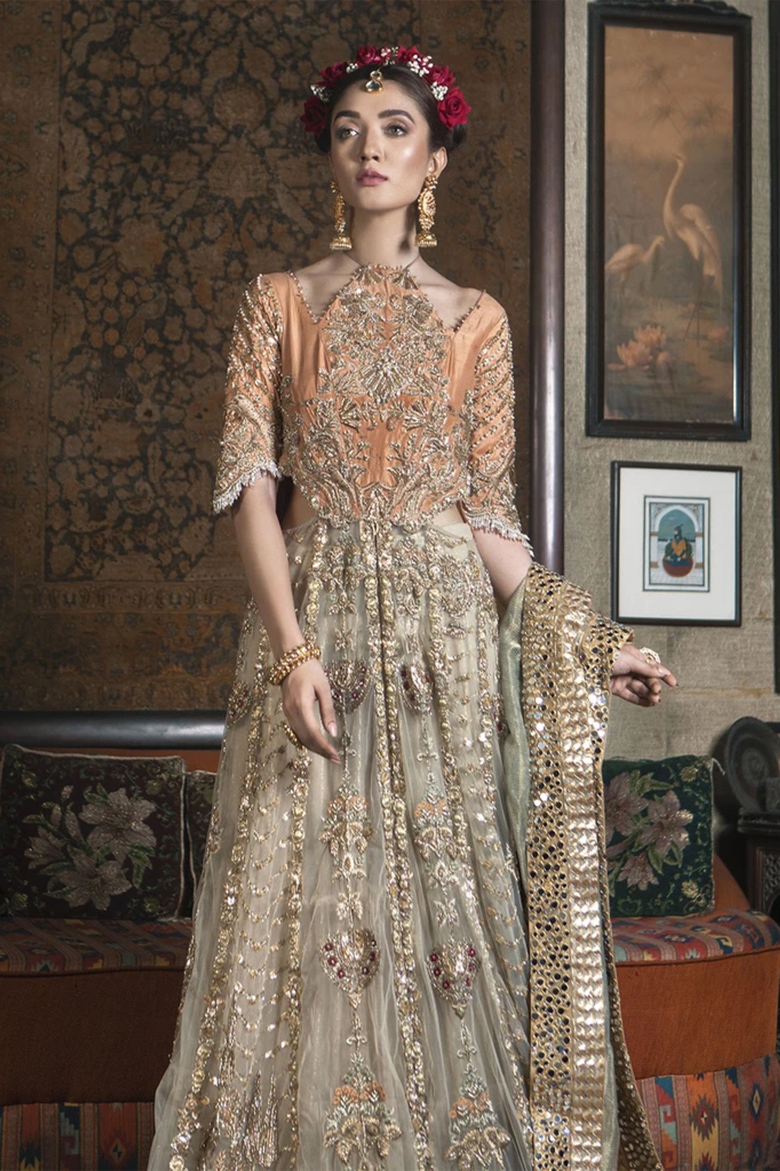 Rust and Off-White Embellished Net Pishwas (2-Piece) - Image 4