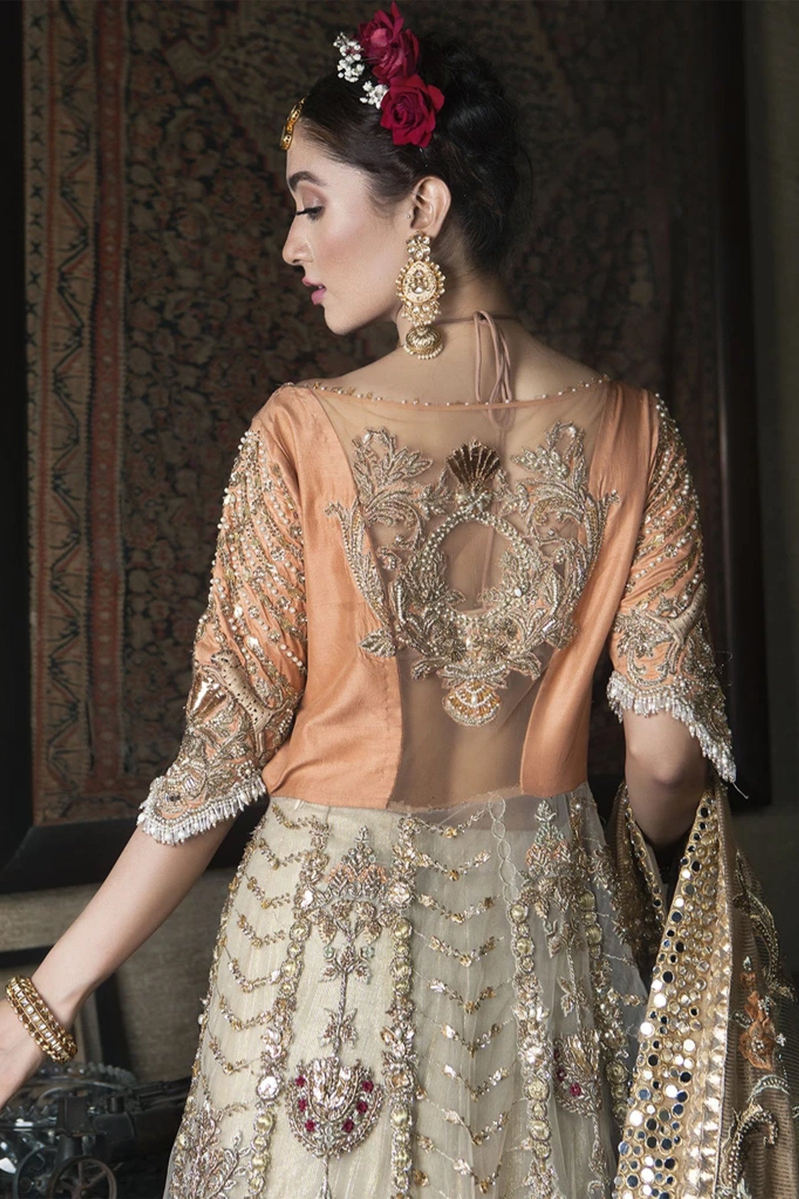 Rust and Off-White Embellished Net Pishwas (2-Piece) - Image 5