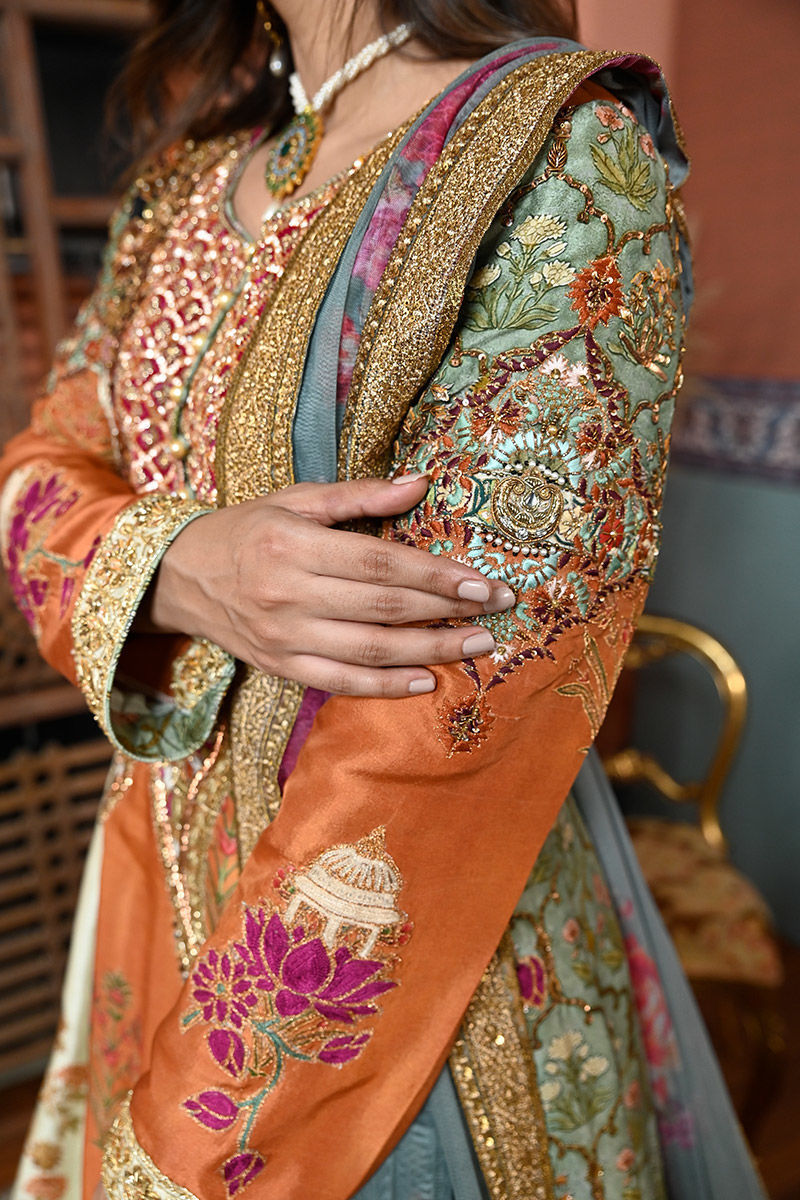 Rust Multi-Toned Zardozi Raw Silk Pishwas (2-Piece) - Image 4