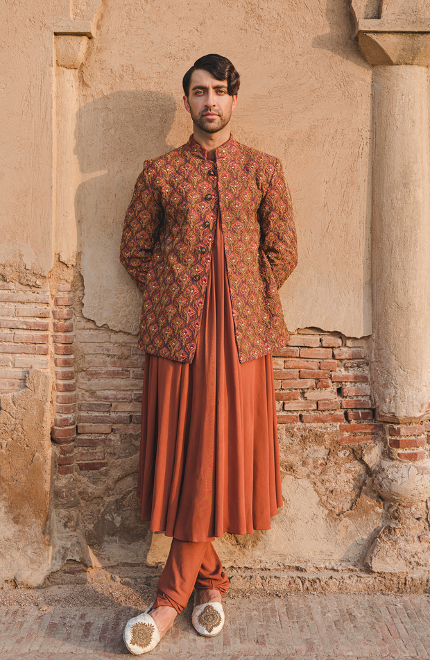 Rust Hand-Embroidered Raw Silk Prince Coat (3-Piece) - Image 1
