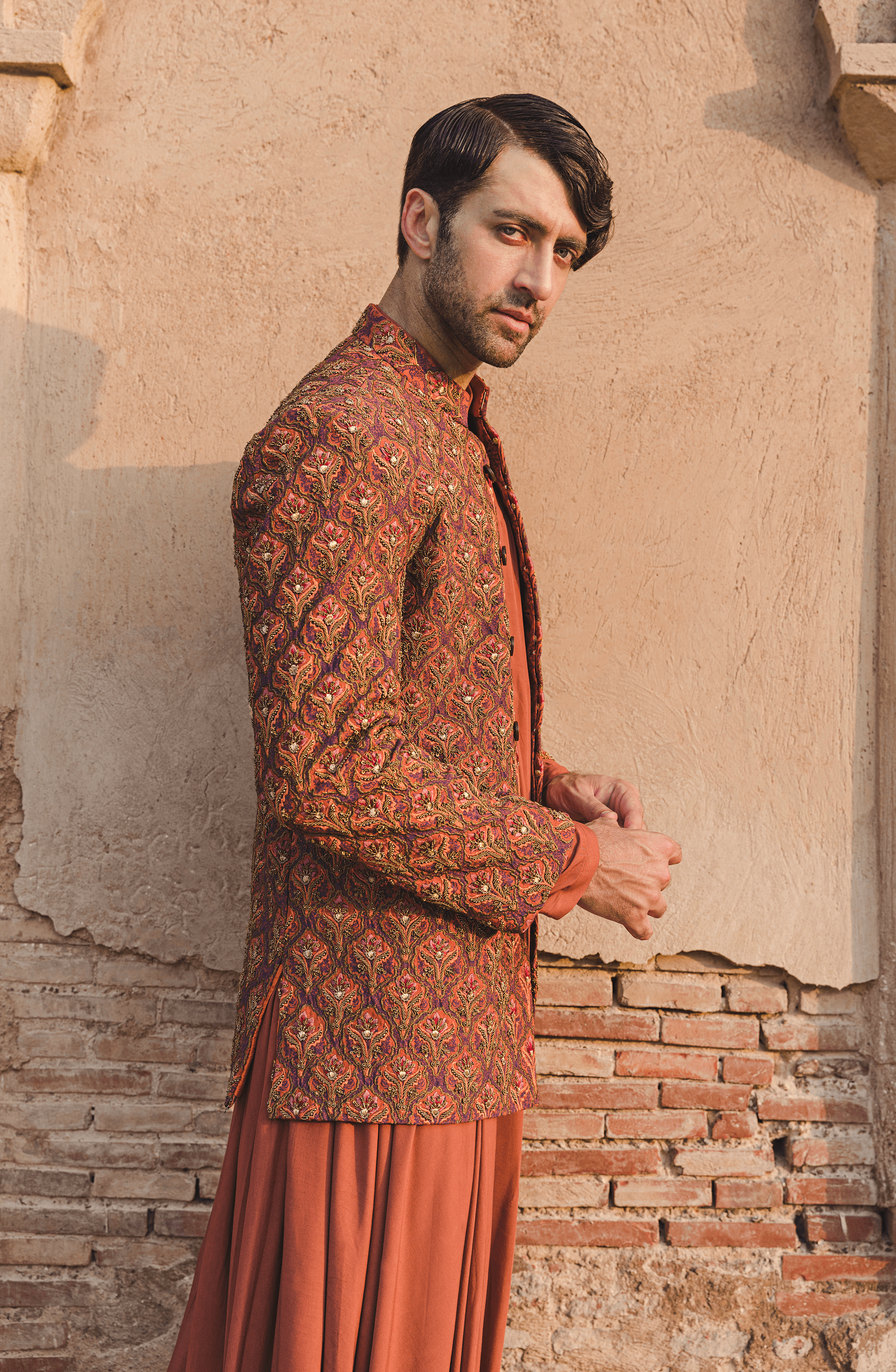 Rust Hand-Embroidered Raw Silk Prince Coat (3-Piece) - Image 2