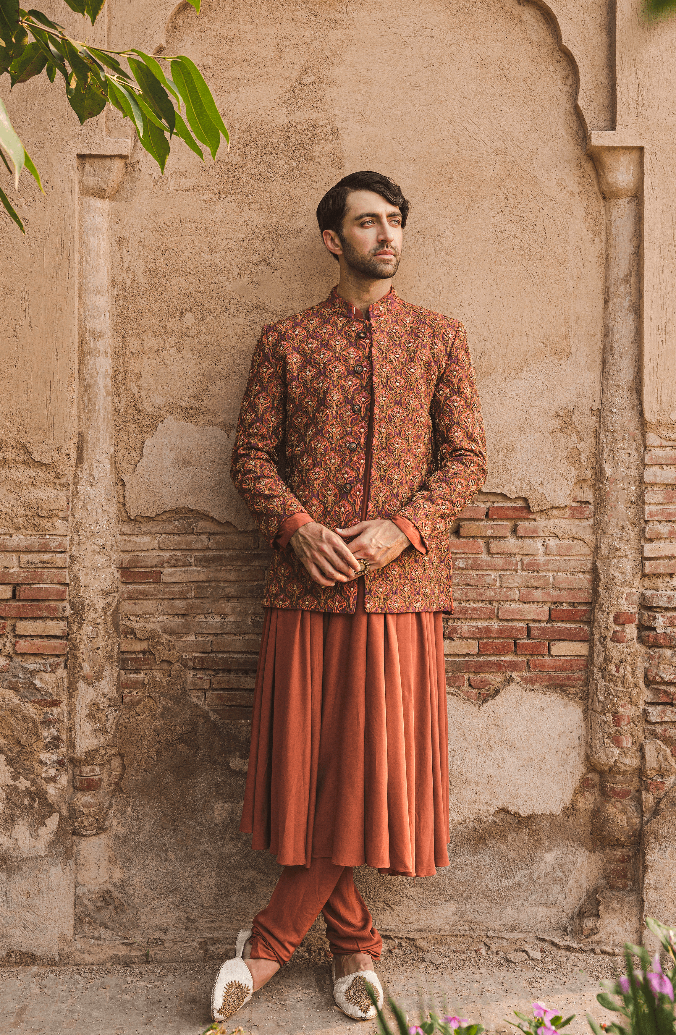 Rust Hand-Embroidered Raw Silk Prince Coat (3-Piece) - Image 3