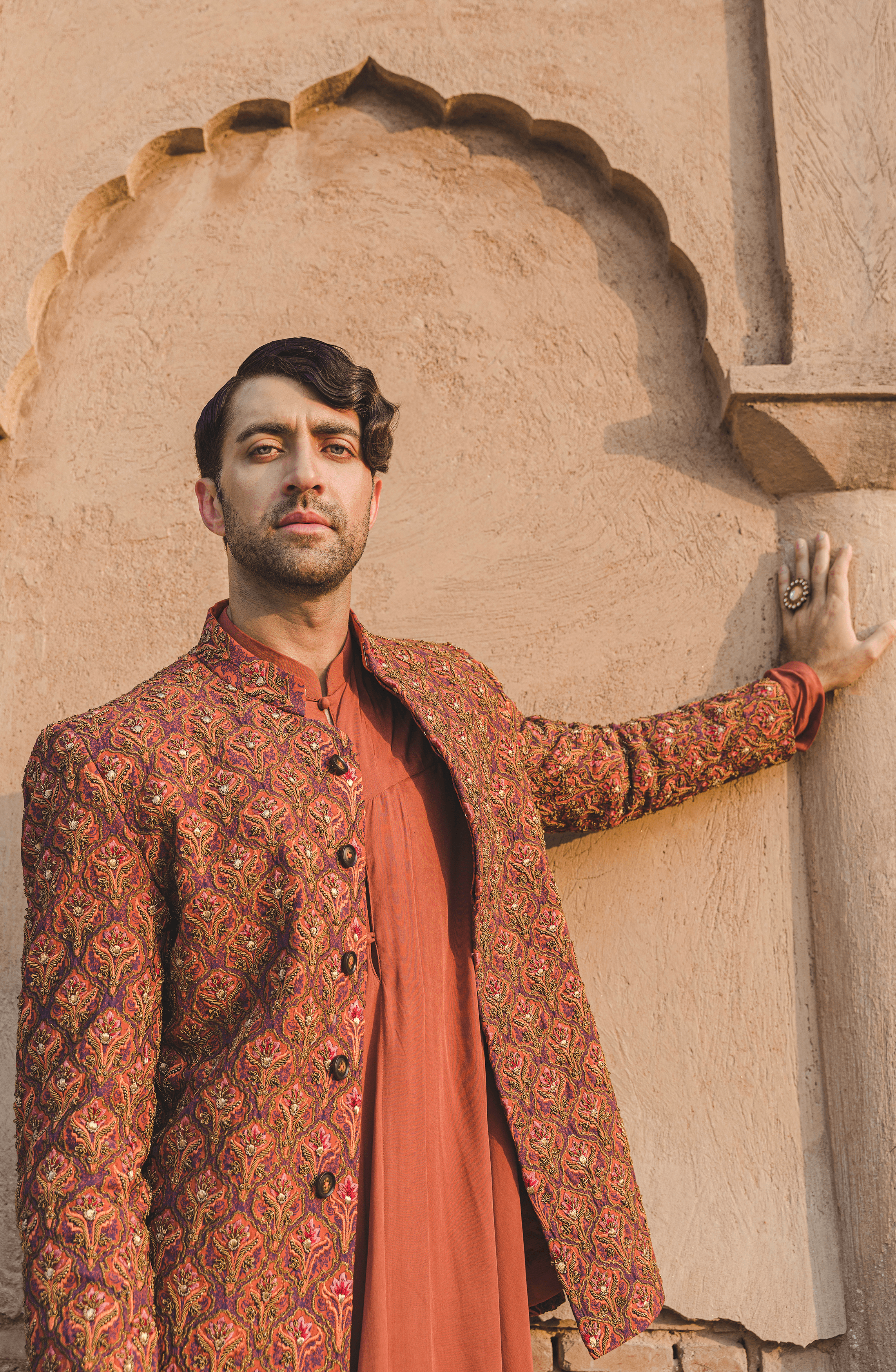 Rust Hand-Embroidered Raw Silk Prince Coat (3-Piece) - Image 5