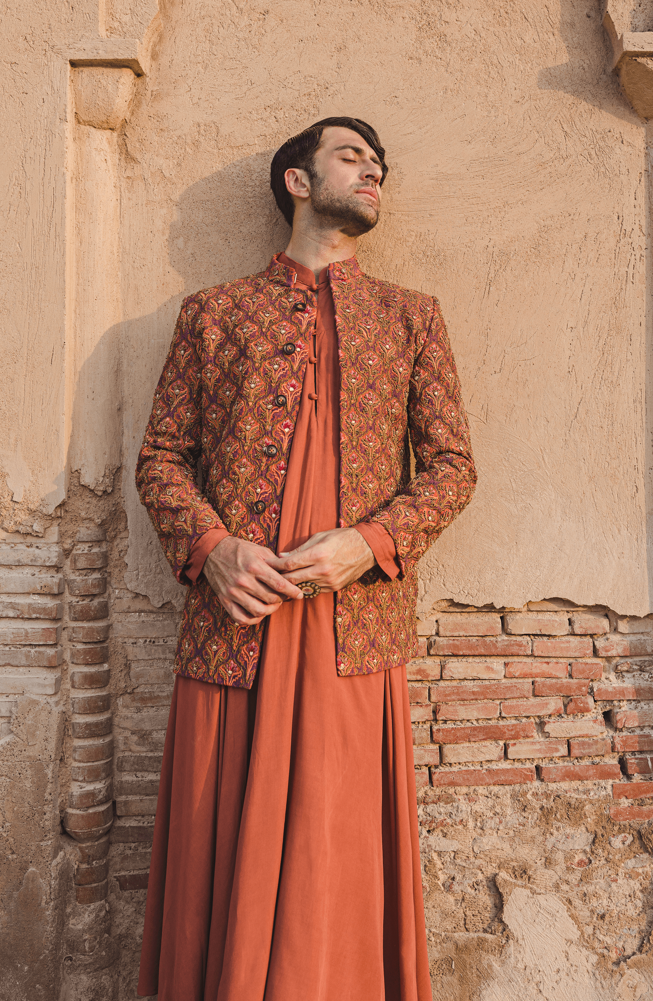 Rust Hand-Embroidered Raw Silk Prince Coat (3-Piece) - Image 6
