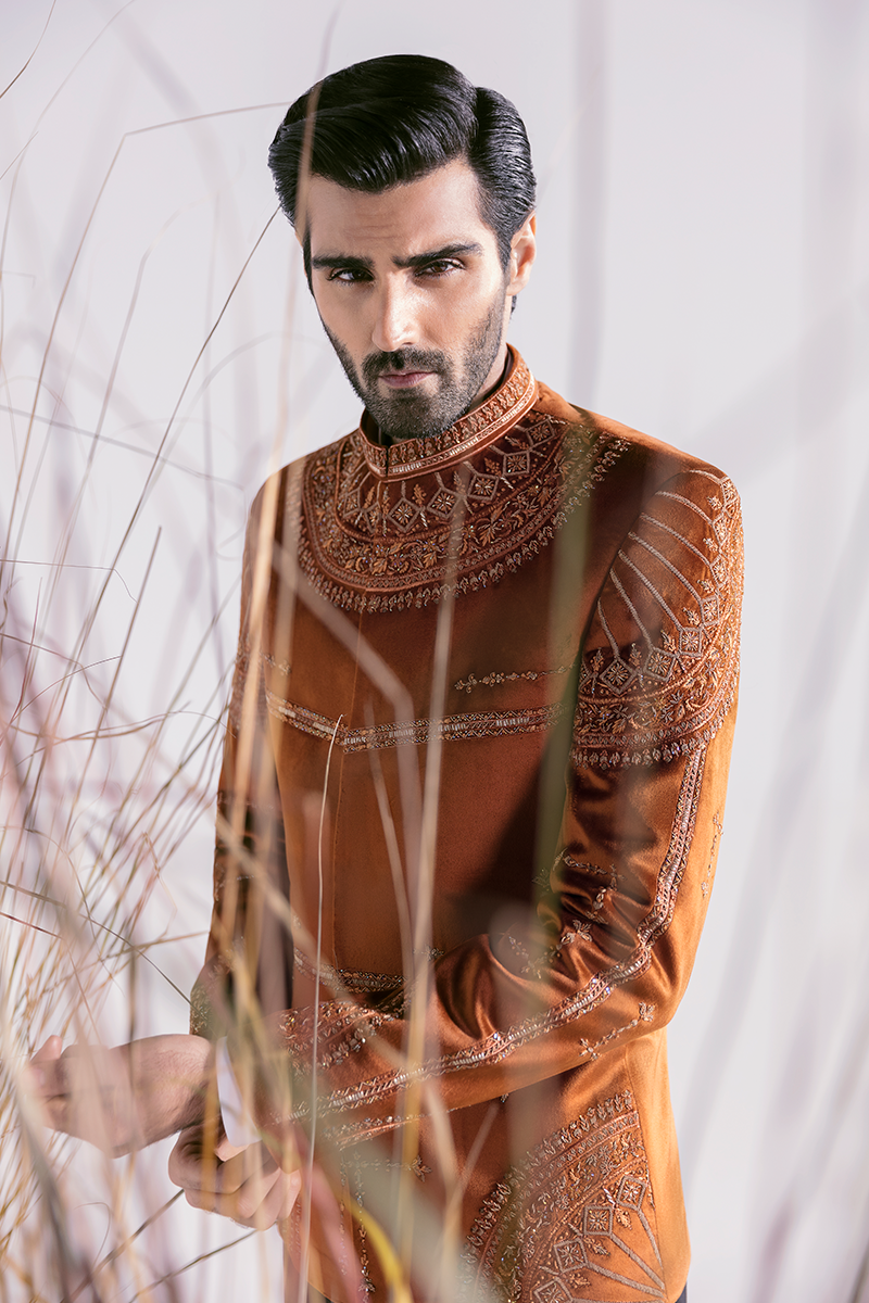 Rust Hand-Embroidered Silk-Blend Prince Coat (2-Piece) - Image 1