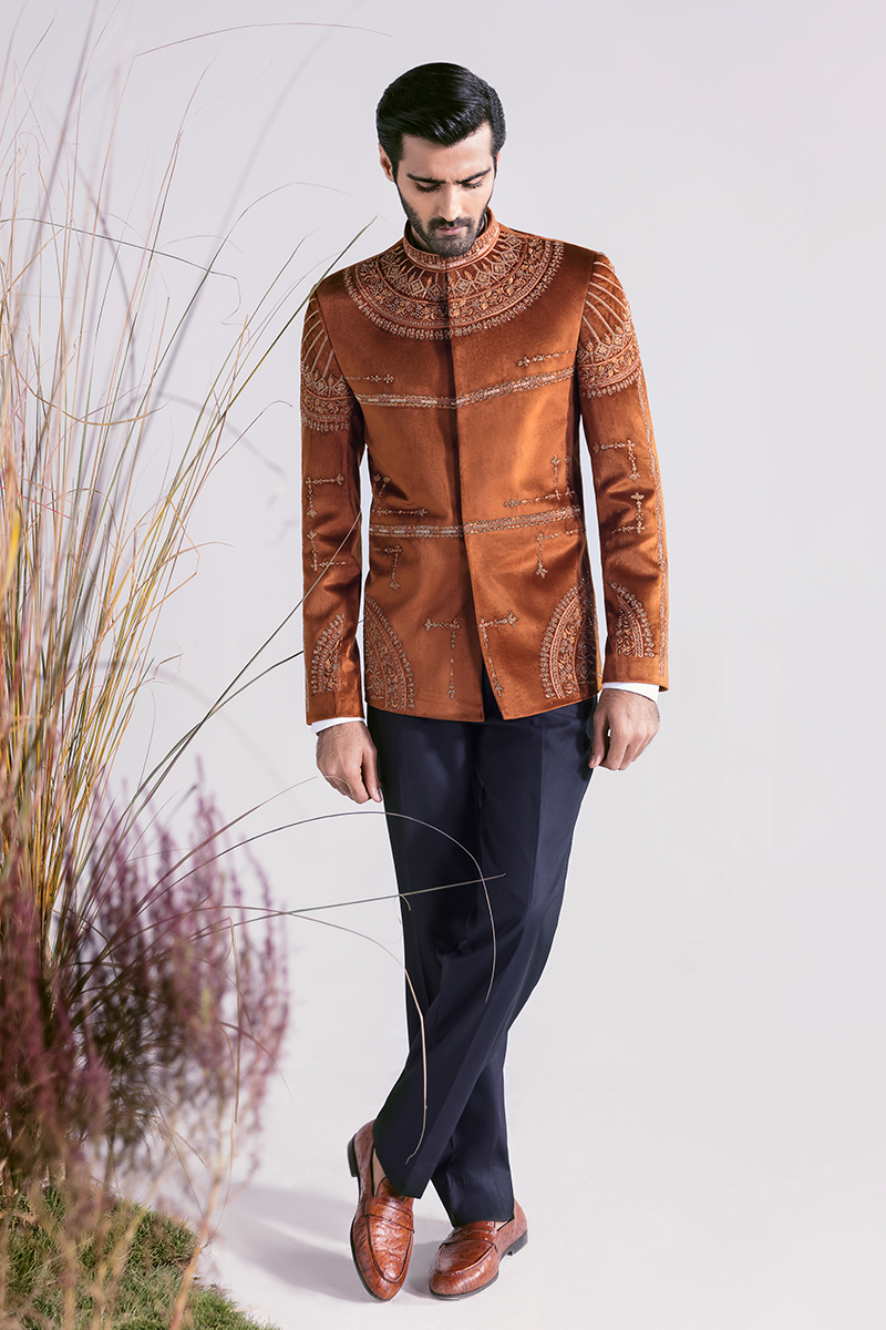 Rust Hand-Embroidered Silk-Blend Prince Coat (2-Piece) - Image 2