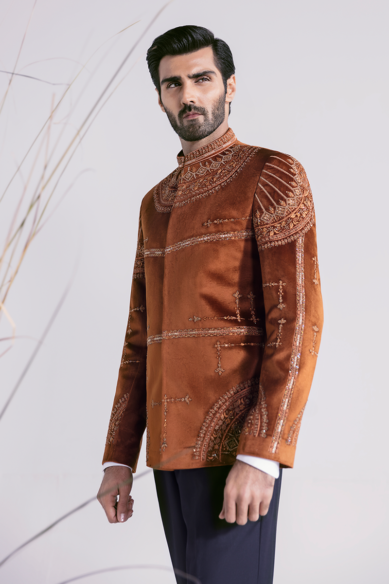Rust Hand-Embroidered Silk-Blend Prince Coat (2-Piece) - Image 4