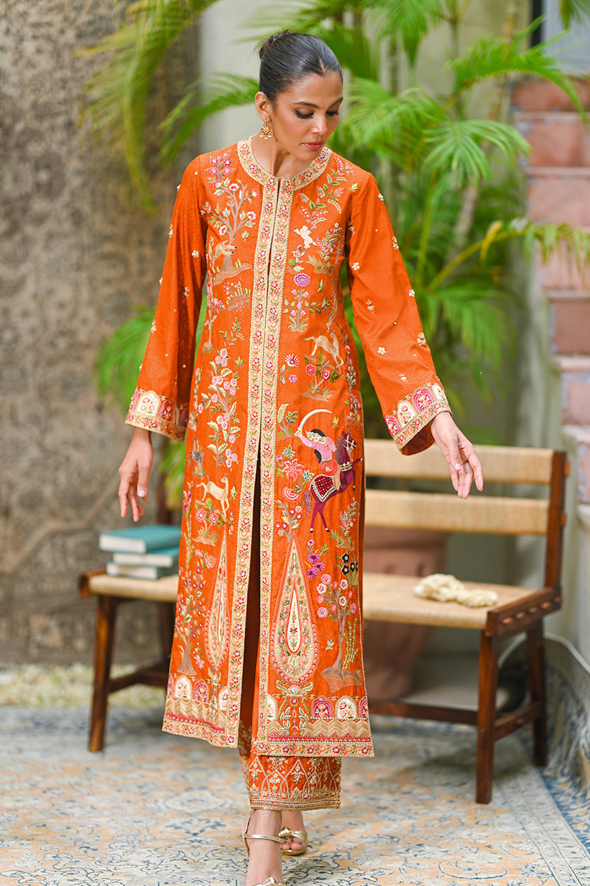 Rust Haath-Aari Embroidered Jamawar Jacket (2-Piece) - Image 1