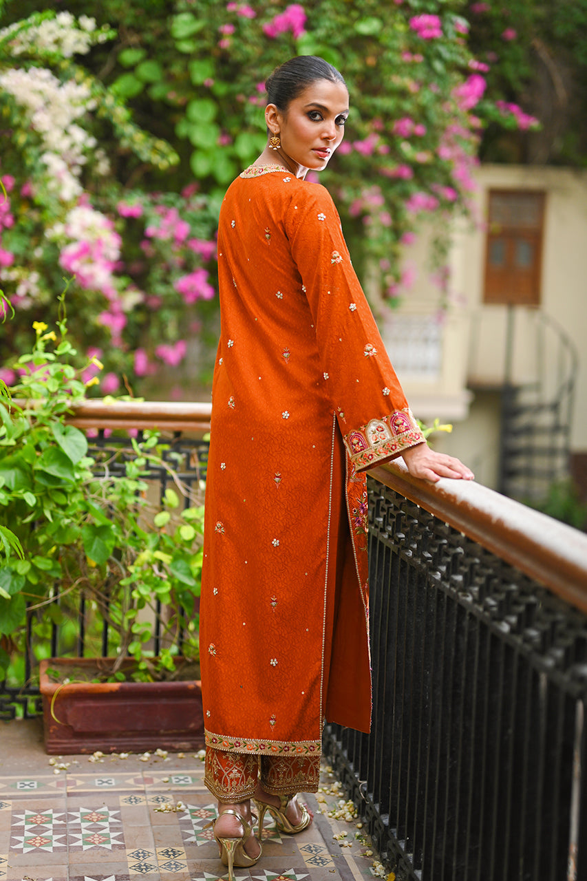 Rust Haath-Aari Embroidered Jamawar Jacket (2-Piece) - Image 2