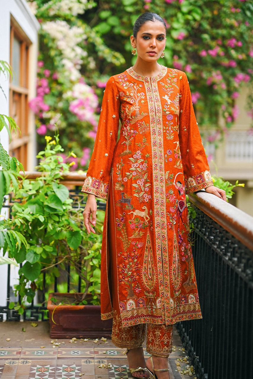 Rust Haath-Aari Embroidered Jamawar Jacket (2-Piece) - Image 3