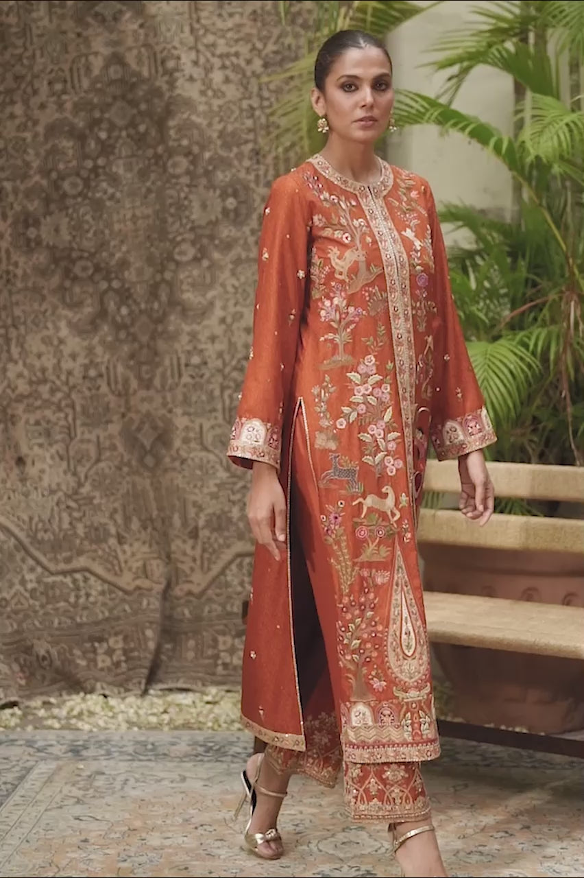 Rust Haath-Aari Embroidered Jamawar Jacket (2-Piece) - Image 4