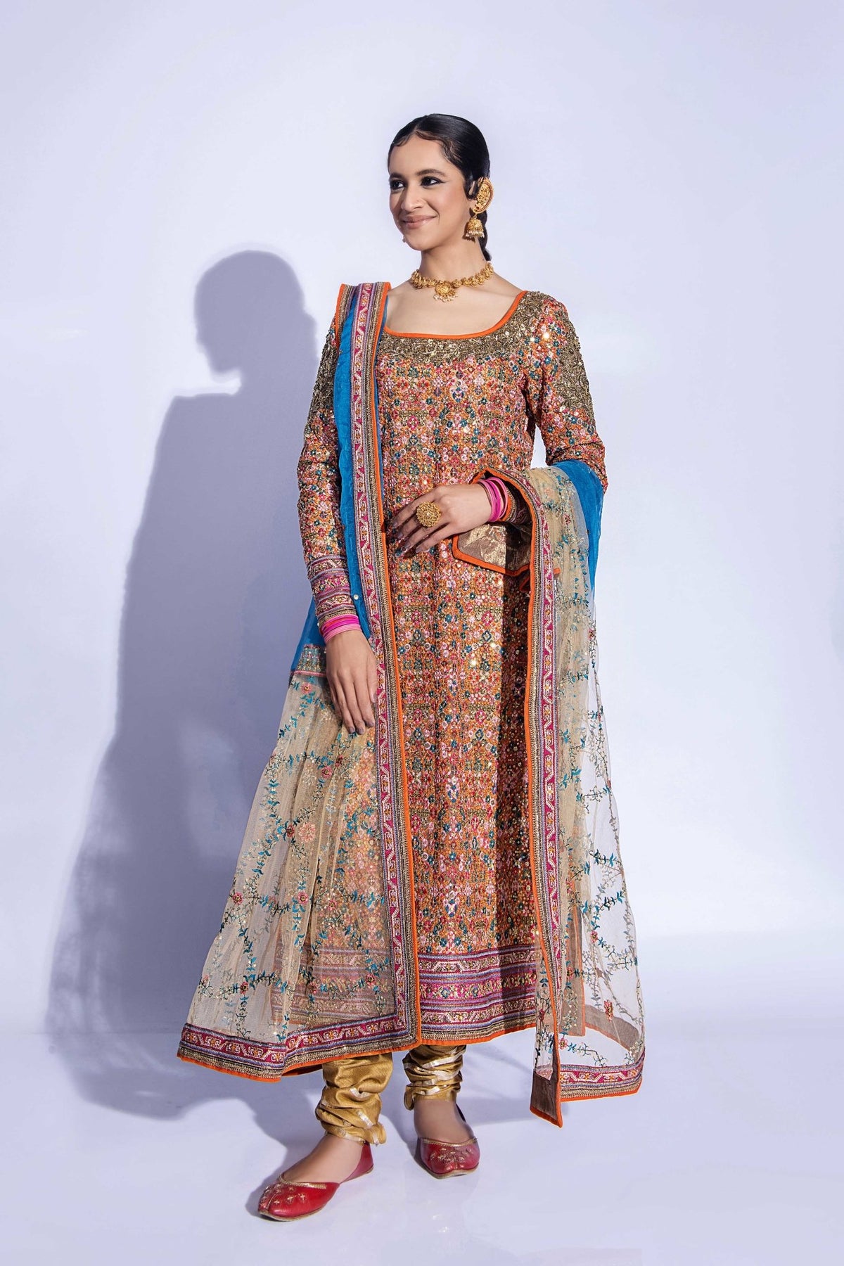 Rust Zardozi Net Long Shirt (3-Piece) - Image 1